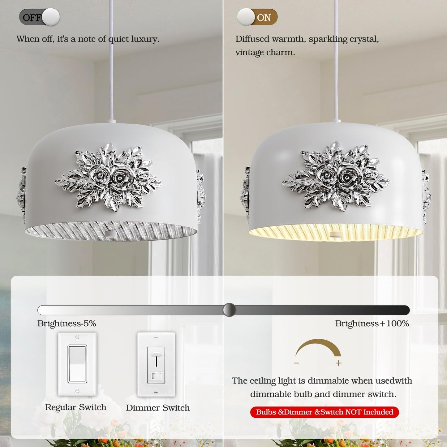 3-Light Silver Flower Pendant light,Modern Elegant Floral Kitchen Island chandelier small vintage Fixture 10.2-in Art Deco rose White drum-shaped Adjustable Hanging For Dining Room Hallway Entryway.