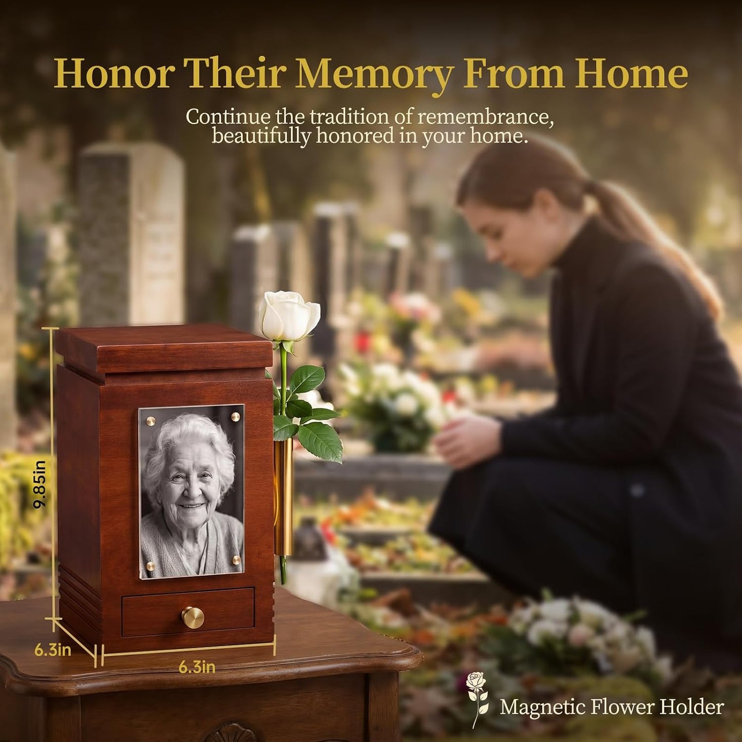 TREUHMM Solid Wood Urn for Human Ashes Adult – 200 Cu in Cremation Urn with Integrated Magnetic Flower Vase & Keepsake Drawer – Premium Walnut Finish Memorial Box for Adult – TSA Approved