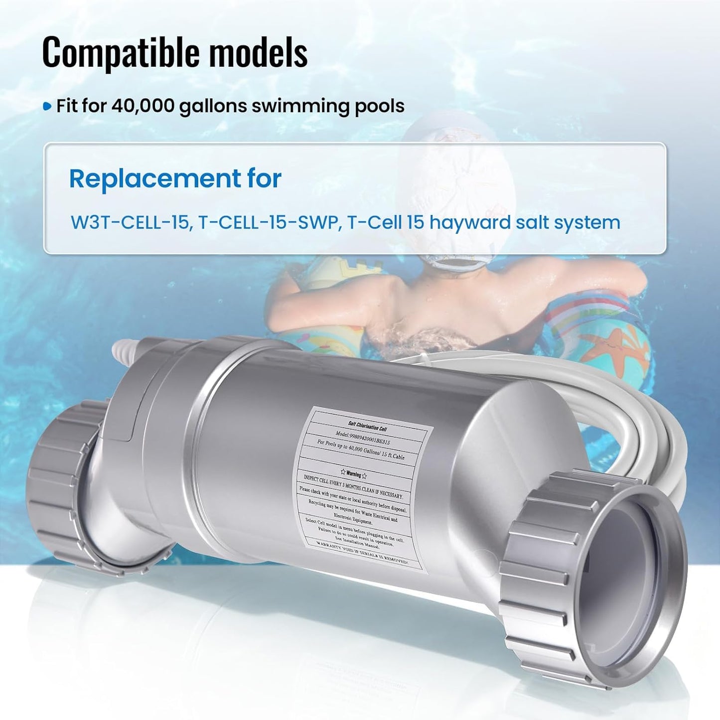 T-15 Salt Cell Replacement for Hayward W3T-CELL-15, 3+ Year Titanium Core, Cuts Chlorine Costs Up to 56%, Compatible with AquaRite/AquaTrol/ProLogic/AQ-Logic Firmware 1.50+, 40,000 Gallon Pools