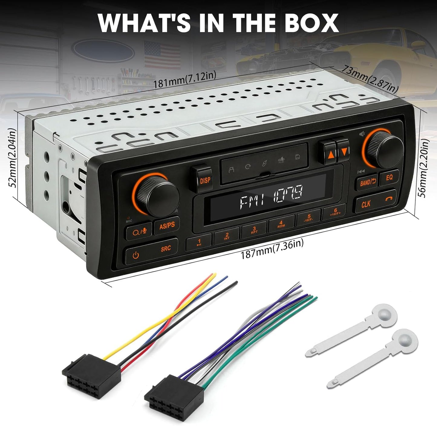 Retro Bluetooth Car Radio System: Single Din European Look Stereo for Classic Vehicles - LCD Display AM FM USB SD AUX USB-C Fast Charge 4-CHN Outputs