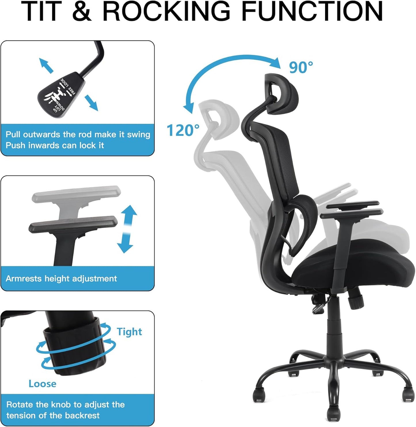 Ergonomic Office Desk Chair, High Back Mesh Chair with 3D Lumbar Support, Comfortable Computer Task Chair with Adjustable Armrest & Headrest, Wide