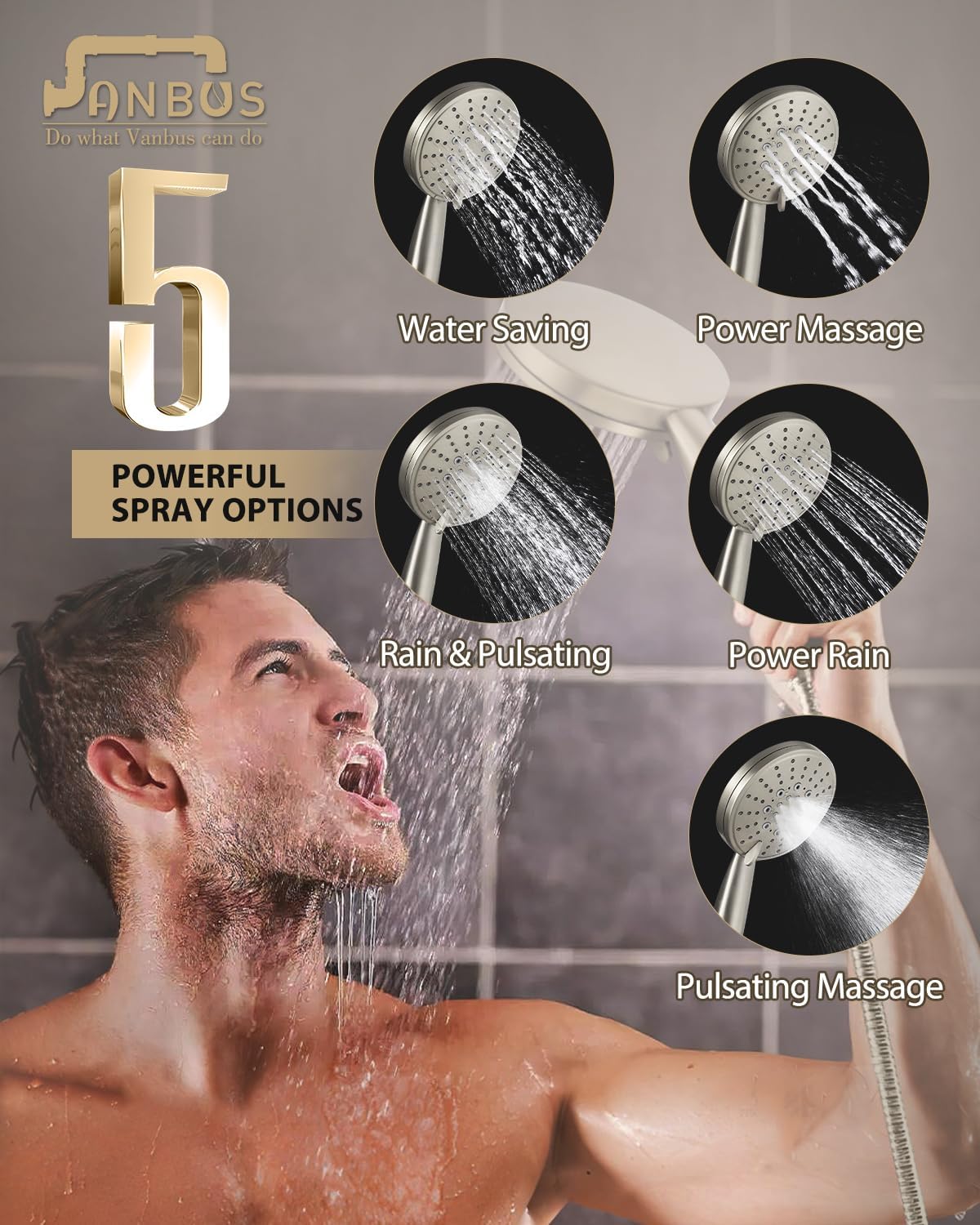 All Metal Shower Slide Bar System, 5-Function Handheld Shower Head with Slide bar, 304 Stainless Steel Hose with Brass