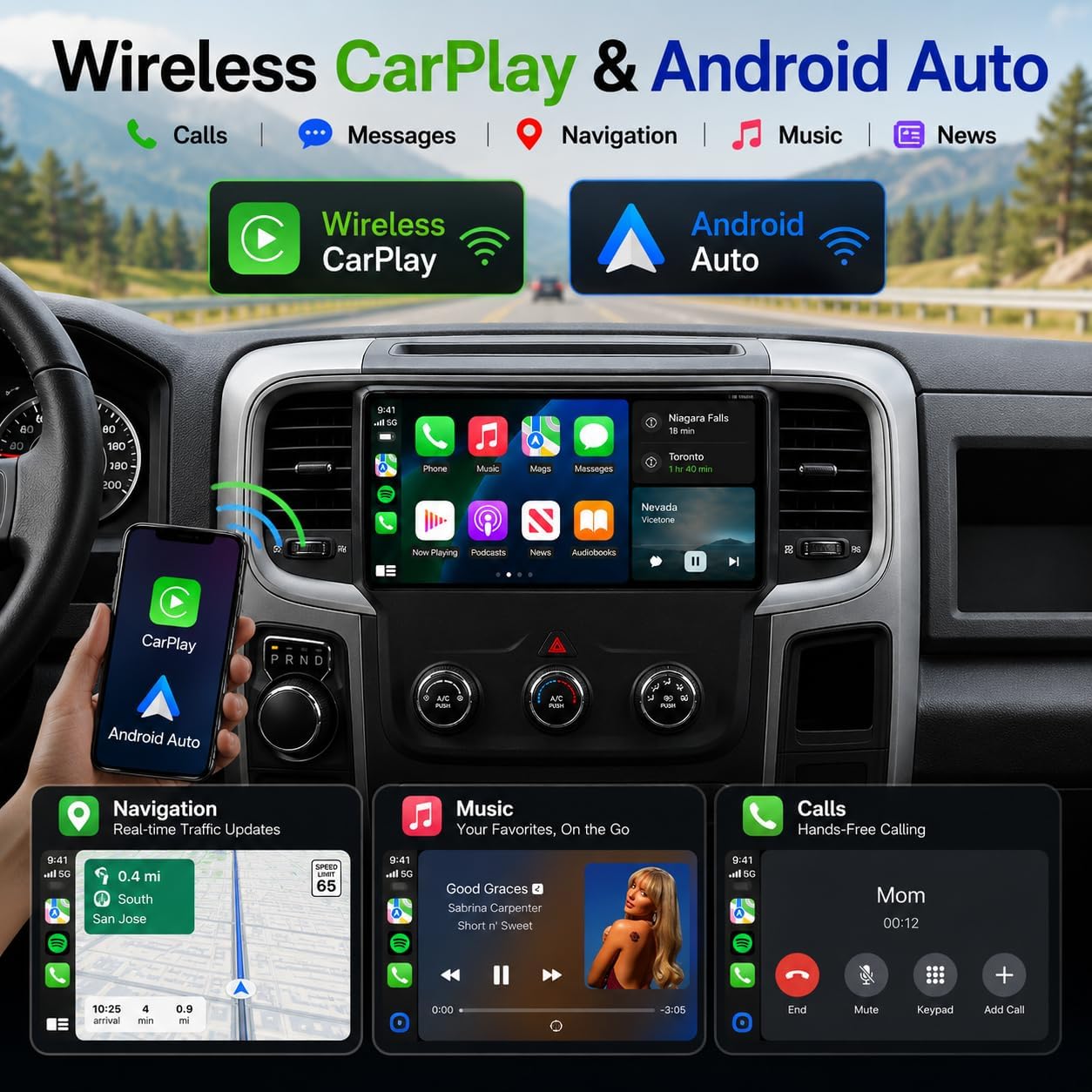 Car Stereo for Dodge Ram 1500 2500 3500 2013 2014 2015 2016 2017 2018, 9" Android 13 Touchscreen Radio, Wireless CarPlay Android Auto, GPS, Bluetooth, Backup Camera, Manual AC Only Dodge RAM 1500 2500 3500 2013 2014 2015 2016 2017 2018 Manual AC