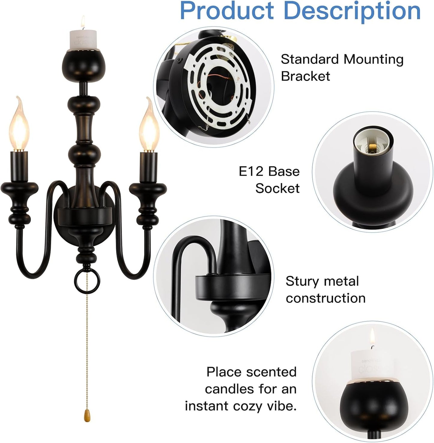 Matte Black Iron Double-Arm Wall Sconce, Retro Farmhouse Hardwired Lamp with Scented Candle Tray & Pull Switch for Home Decor (Candles Not Included)