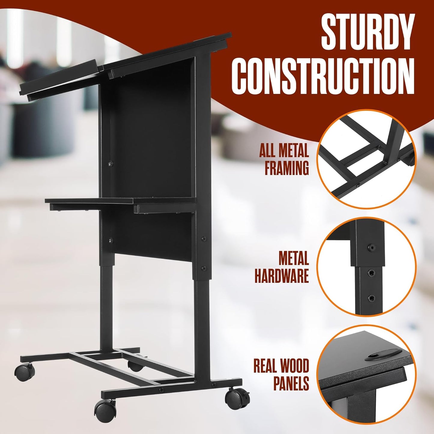 Houseables Rolling Podium Stand, Portable Podium with Wheels, 41- 47 Adjustable Height, Black, Wood, Metal, Lectern, Teacher Podium for Classroom,