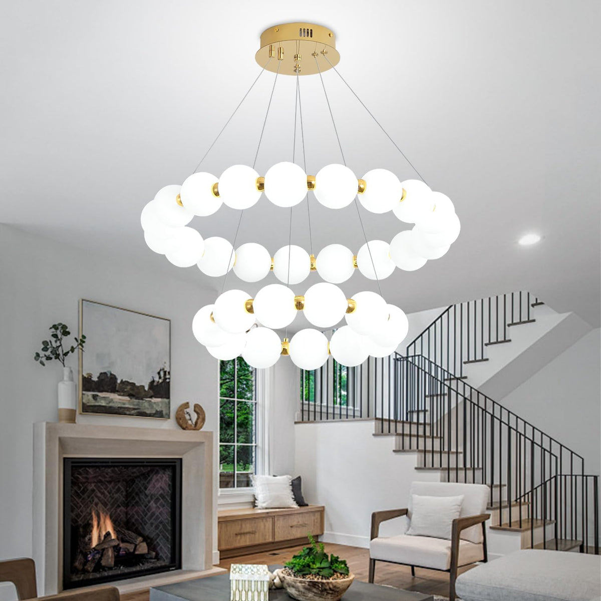 Modern Ring Chandeliers 2 Rings Bubble Chandelier Round Pendant Light Gold