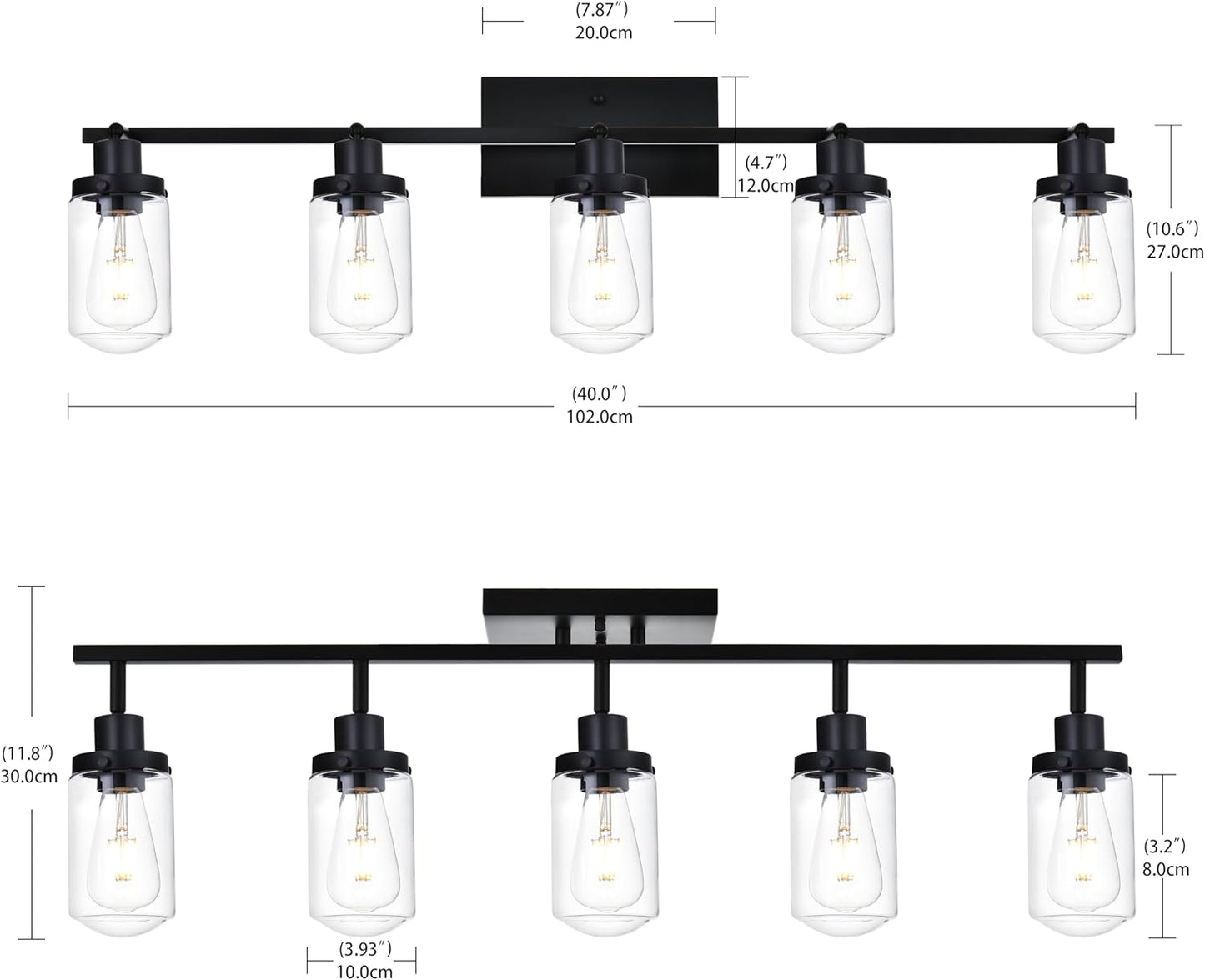 YIKOLUZ 5-Light Black Track Lighting Fixtures Ceiling Spotlights Modern Bathroom Vanity Light with Clear Glass Shade, Flush Mo