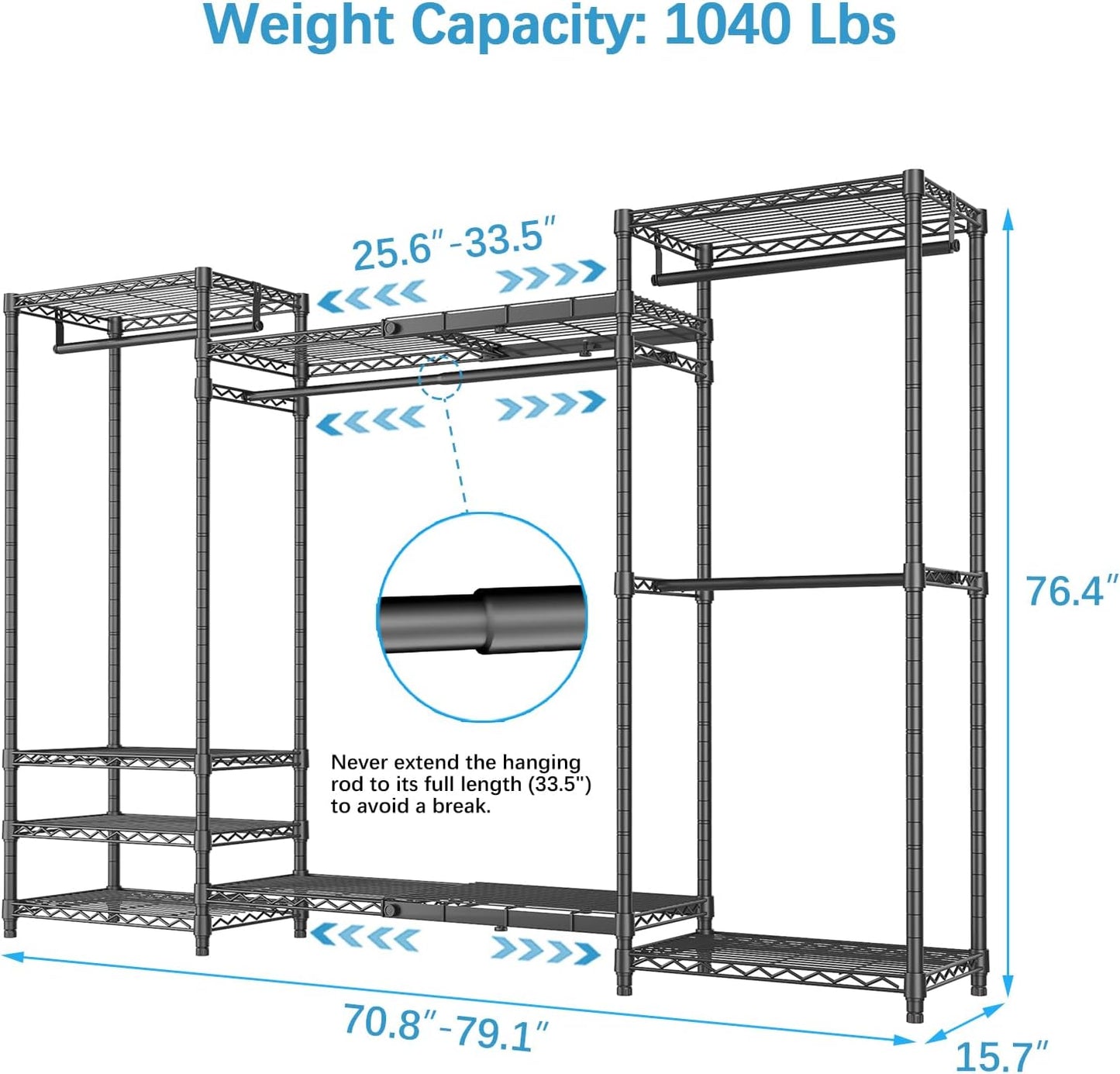 X5 Heavy Duty Clothing Rack for Hanging Clothes, Large Freestanding Portable Closet Expandable Clothes Rack with 4 Hanging Rods & 8 Wire Shelves,