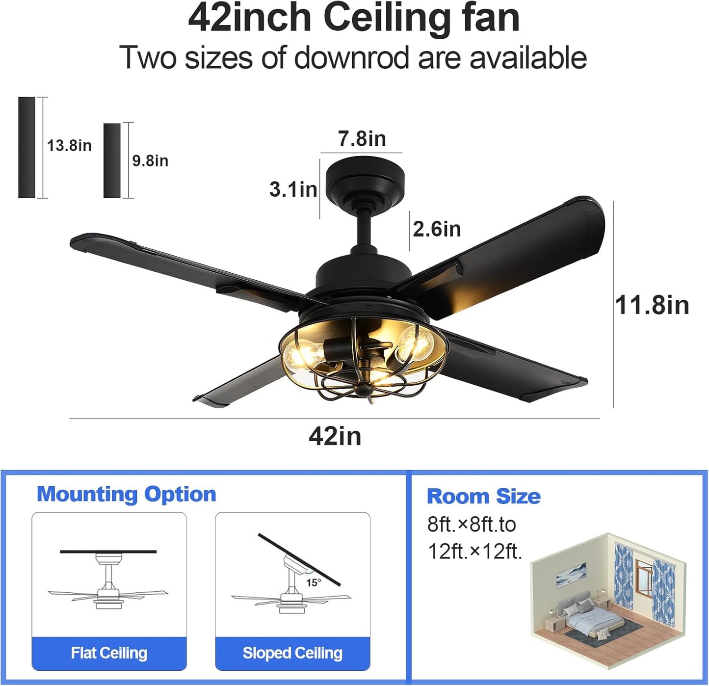 ZHENYANGLOW 42 &#34;Vintage Industrial-Style Black Aluminum Fan Lights | Ideal for Home, Commercial and Office Spaces | Fan