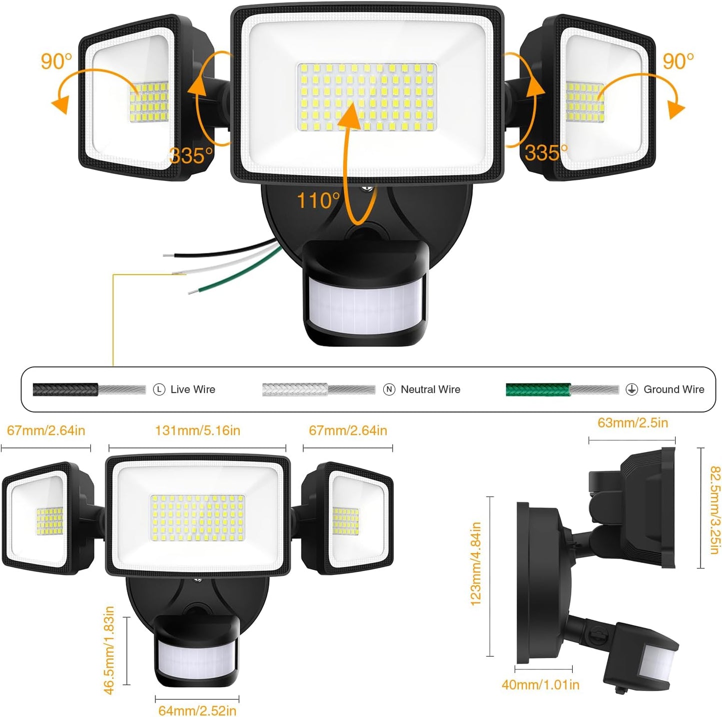 4 Pack 65W LED Motion Sensor Outdoor Lights, 6500LM 6500K IP65 Waterproof Security Lights Motion Outdoor Flood Lights Fixture Detection Detector for