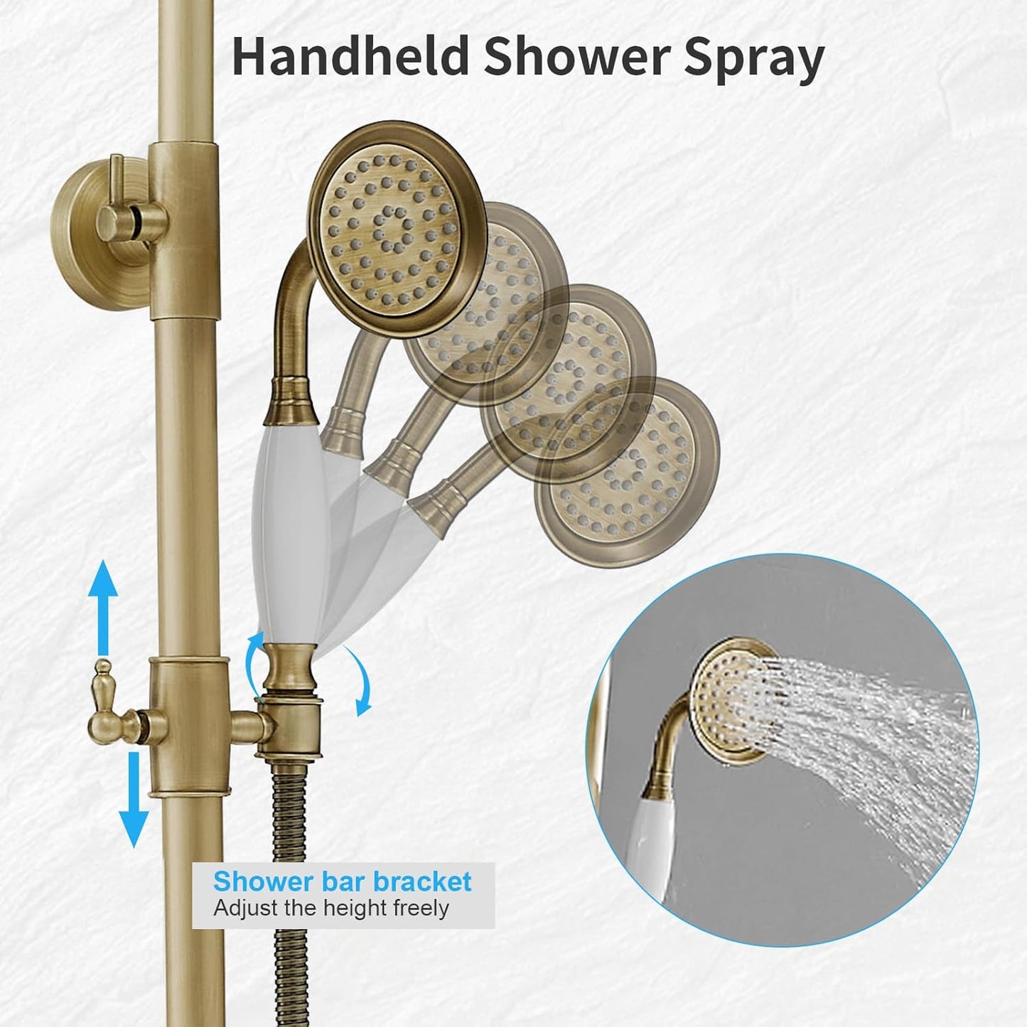 Bathfinesse Outdoor Shower Faucet Antique Brass, Bathroom Shower System Set with 3 Shower Function, Exposed Pipe Shower System, Wall Mount (Antique