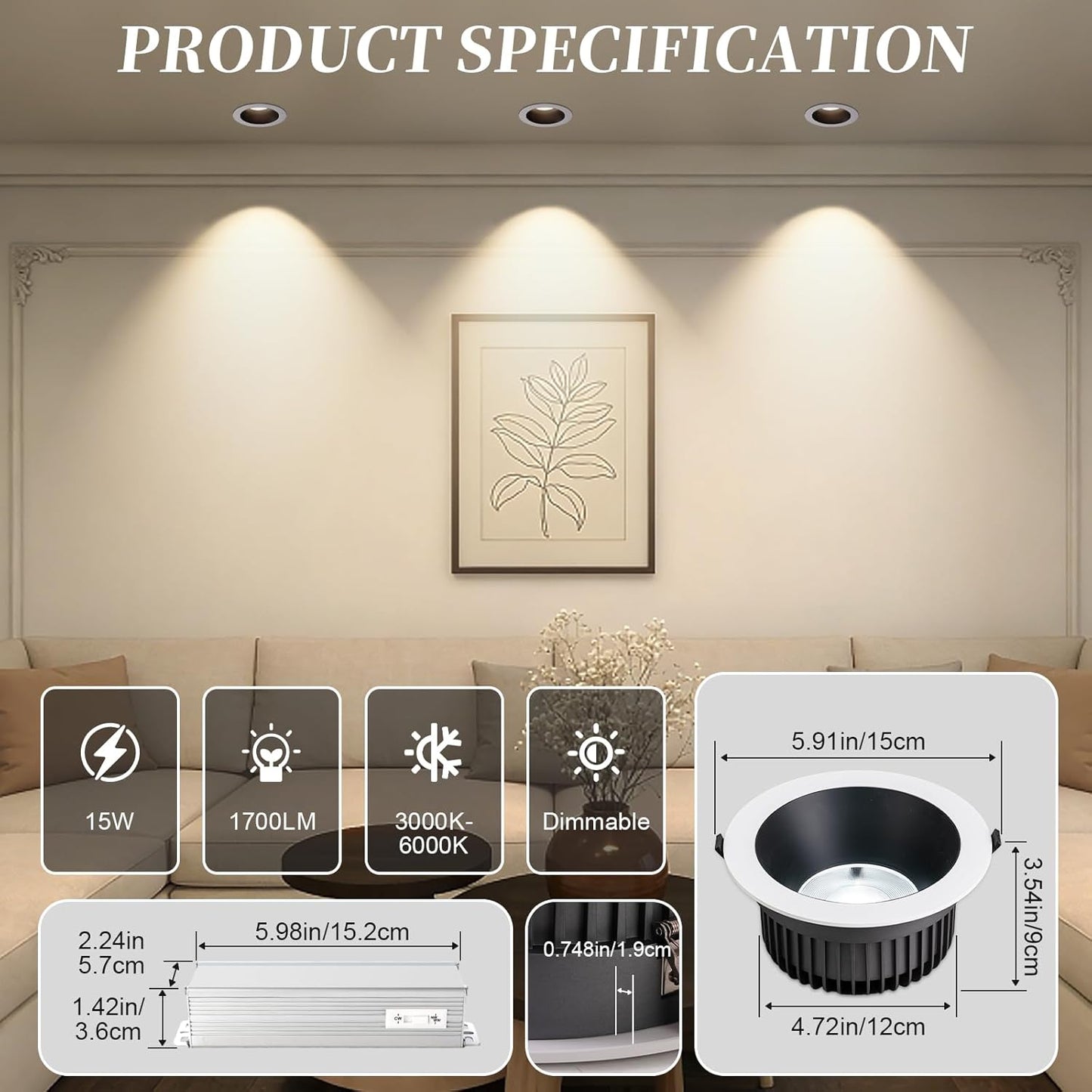 4 Inch Waterproof Recessed Led Lights, 3CCT Recessed Lights with J-Box, Round Recessed Lighting 3000-6000K Selectable, 15W 1700LM Soffit Canless Recessed Light for Bathroom,Living Room,Kitchen (2 PCS)