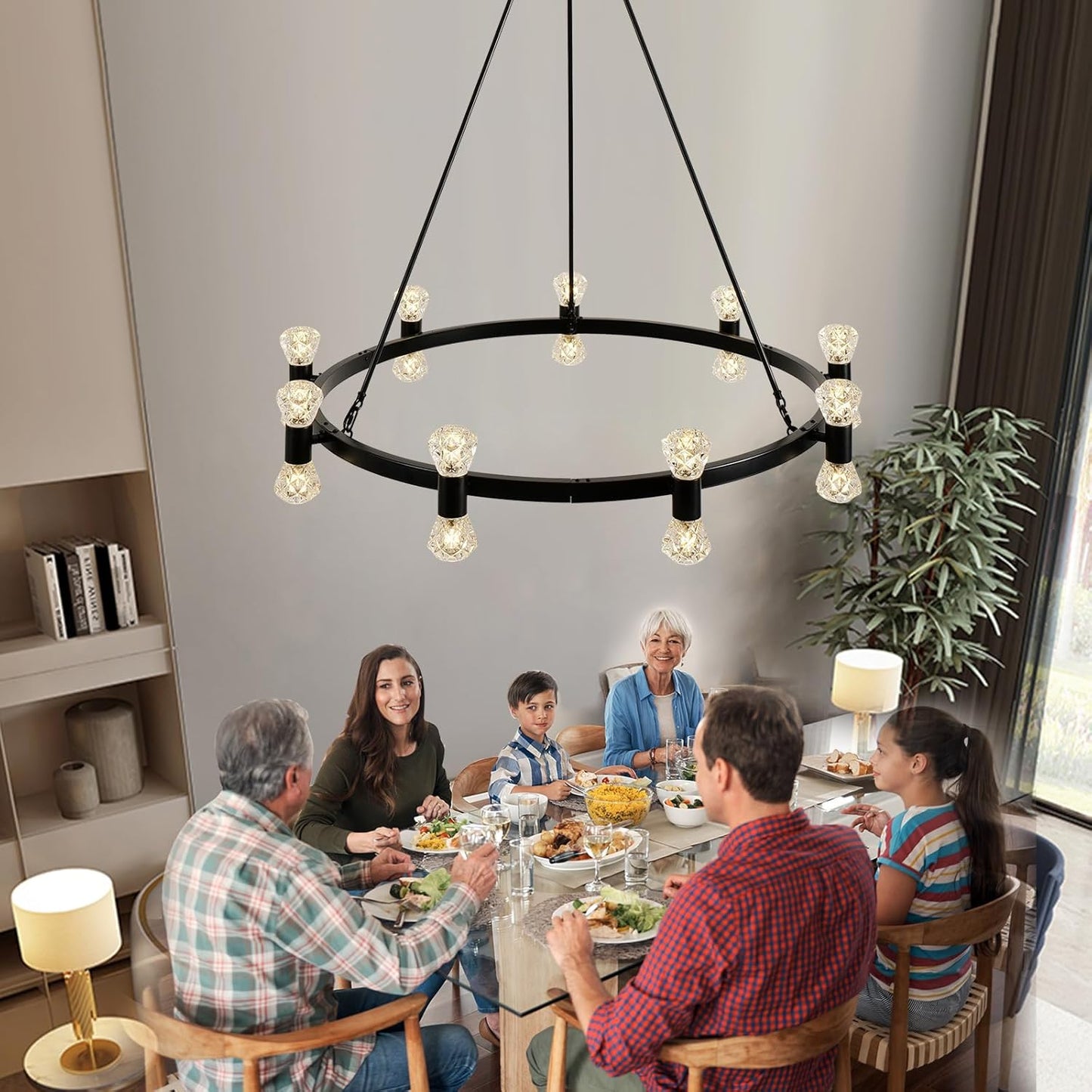 WOGON WEEL Wagon Wheel Chandelier LED 18-Light 39 Inch, Crystal G9 Light Black Modern Farmhouse Chandelier Extra Large for High Ceilings, Living Room