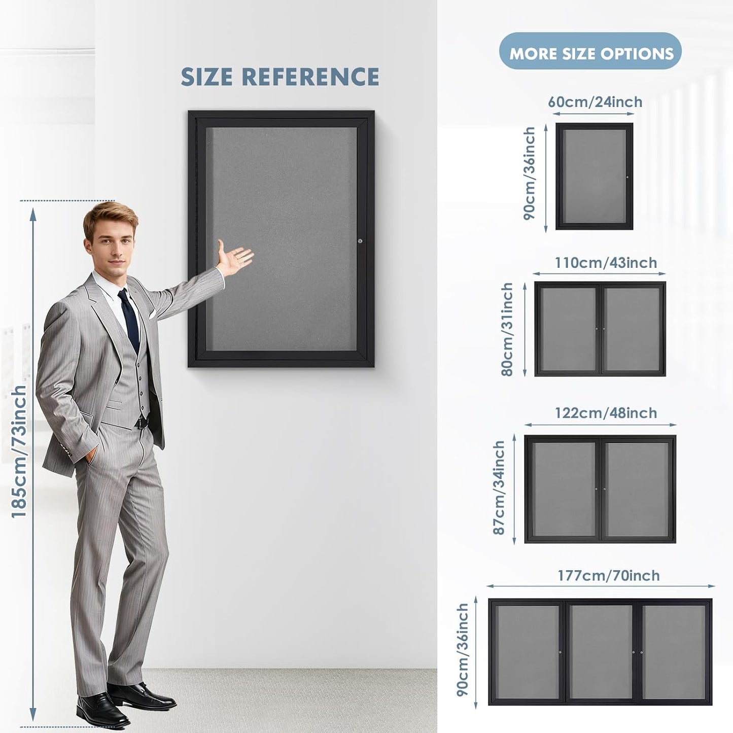 43x31 in Outdoor Bulletin Board Wall Display Case, Grey Felt | Weatherproof, Enclosed, Shatterproof, with Locking Door, Black Alu Frame, Notice Board for Office School Community Store Black-grey Felt 43" x 31"