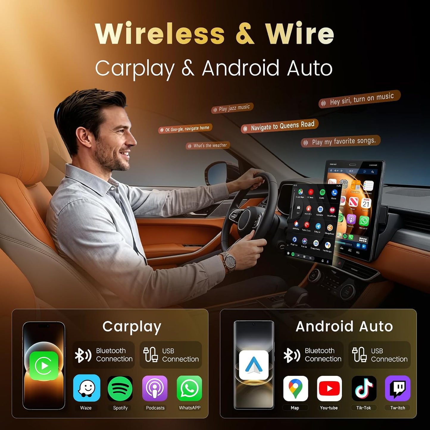 MAHVEC 9.5'' Single Din Car Stereo with Wireless CarPlay Android Auto,HD IPS Adjustable Screen Vertical Radio with Bluetooth, USB, Mirror Link, SWC, Bluetooth, Car Play, FM/AM/RDS Radio, Backup Camera