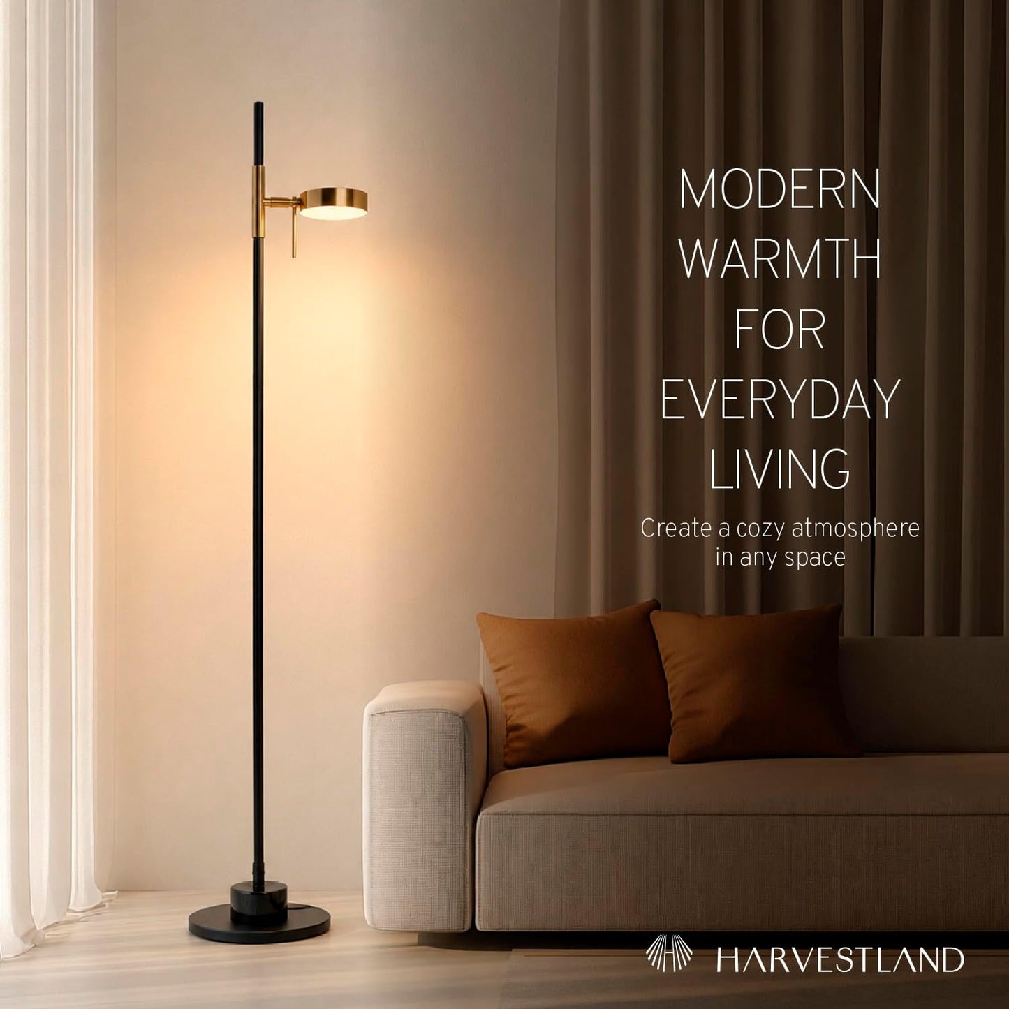 HarvestLand Black Brass Kindle Reading Lamp, Marble-Effect, Adjustable Head | 58'' Standing Reading Lamp, Marble-Look Base, 12W Warm LED Lamp, CRI≥80, LED lamp for Living Room, Bedroom, Office, Reading
