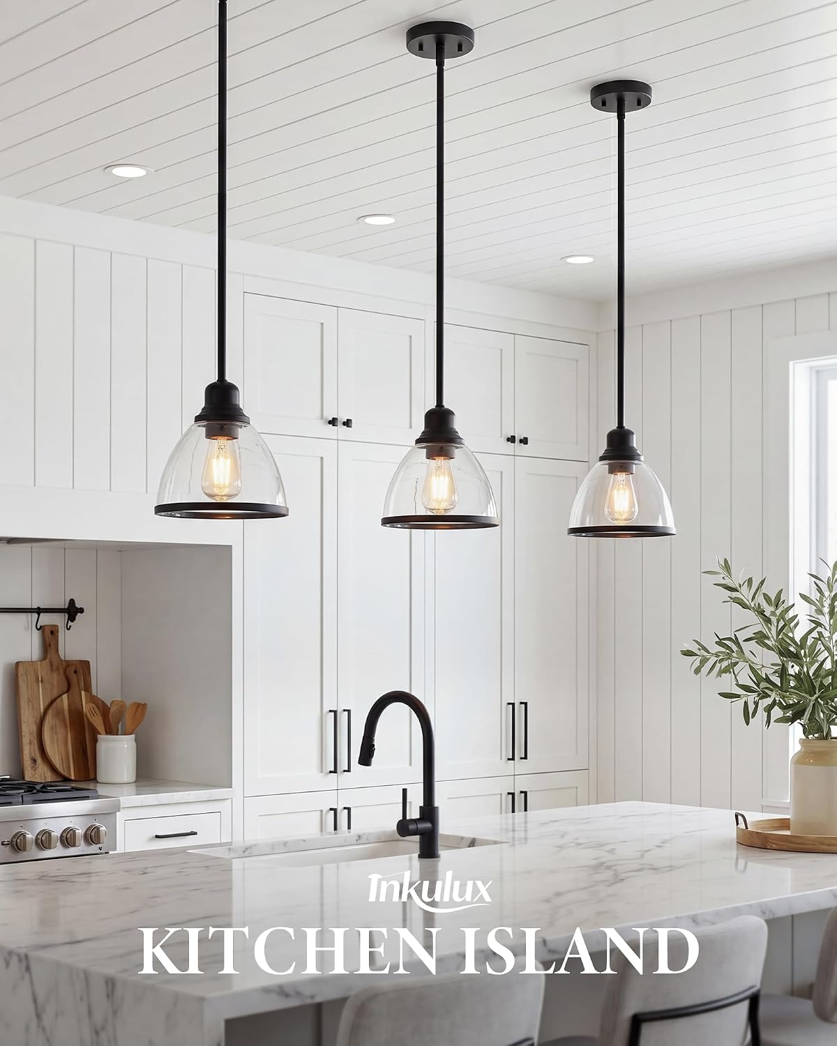 2 Pack Pendant Lights Kitchen Island, 8" Black Pendant Light with Clear Glass Shade, Farmhouse Hanging Light Fixture for Kitchen Island, Dining Room, Entryway, Hallway, IN-PL01-BK-2PK Matte Black 2