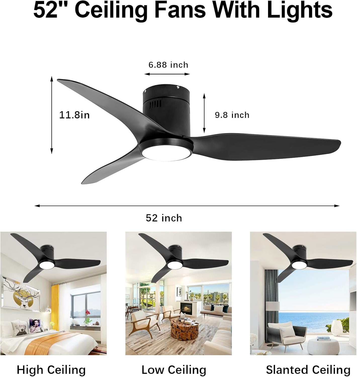 revoici Black Ceiling Fan with Light Remote 52in 6Speed Silent Motor 3CCT Dimmable LED Timer Memory Function Vacation Mode Plastics ABS Blades