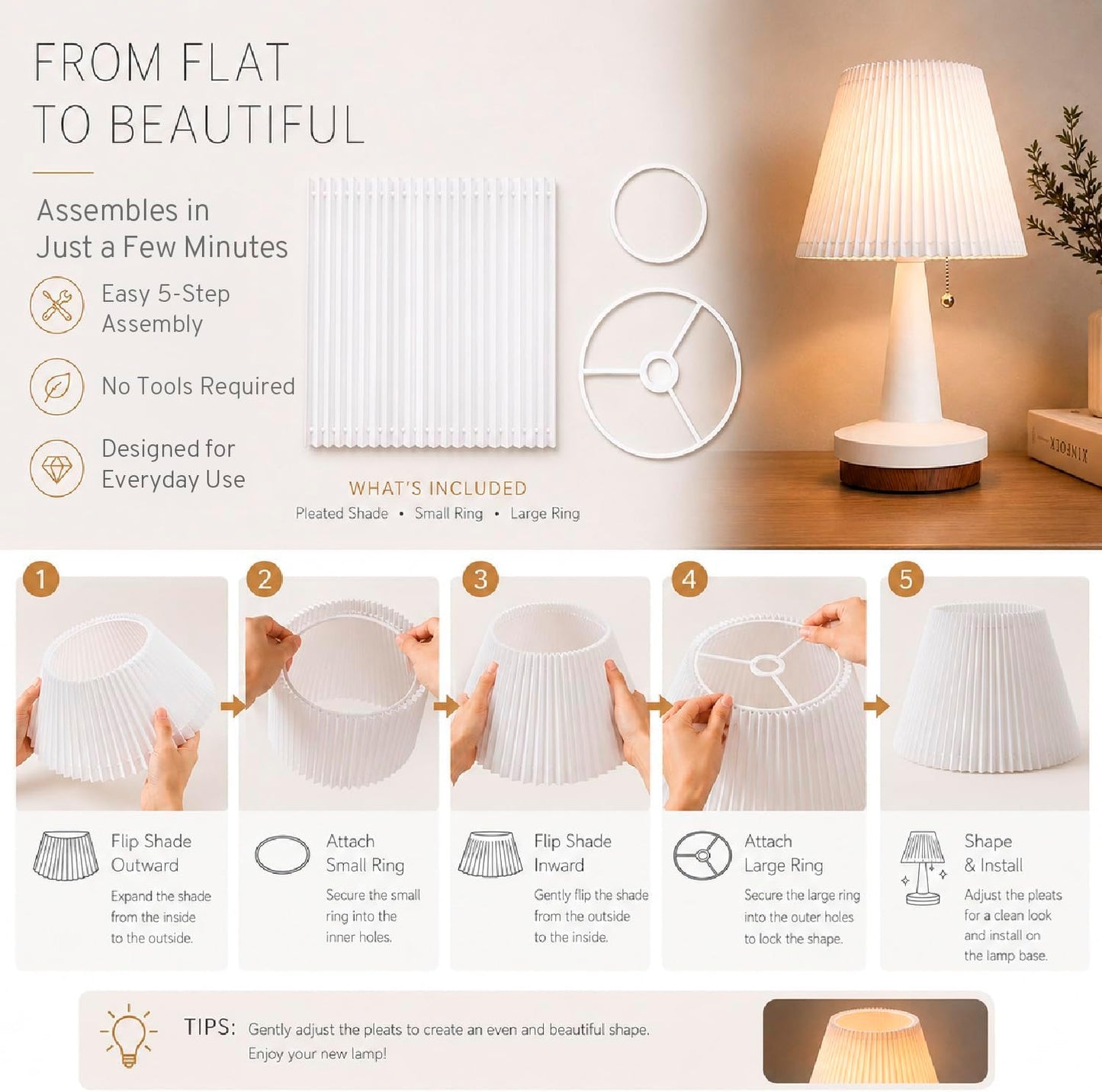 HarvestLand Pirouette 16'' White Table Lamp, Pleated Shade Bedside Lamp, Lamp for Living Room, Nightstand Lamp