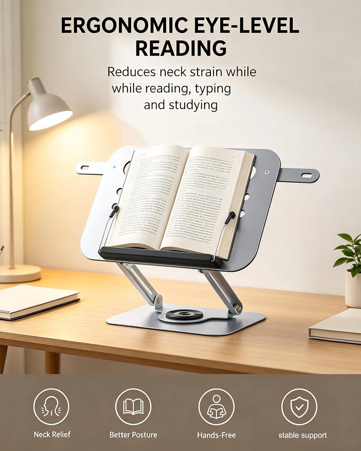 Book Holders for Reading Hands Free, 360° Metal Stand for Cookbook Sheet Music Typing