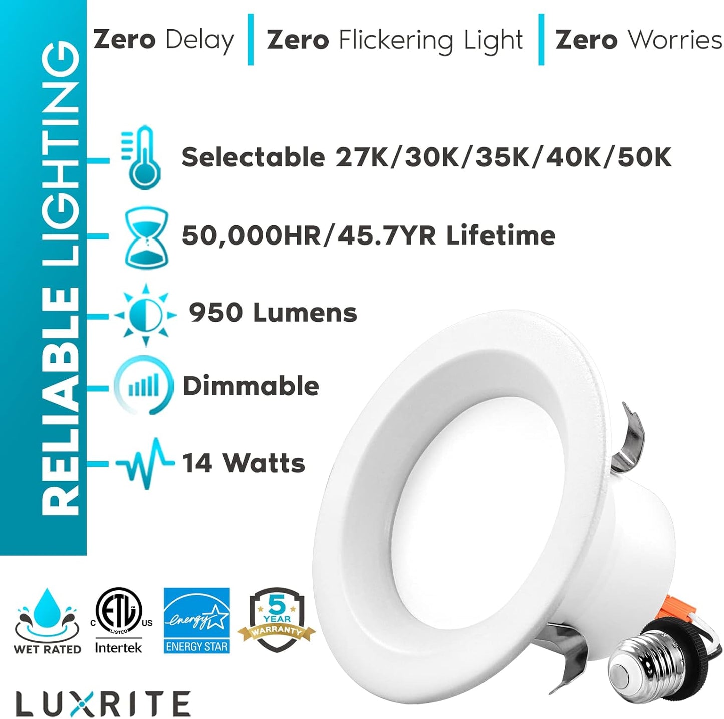 LUXRITE 16-Pack 4 Inch LED Recessed Can Lights, 14W=75W, 5 Color Options 2700K-5000K, 950 Lumens, Dimmable LED Retrofit Kit, Wet Rated, IC Rated,