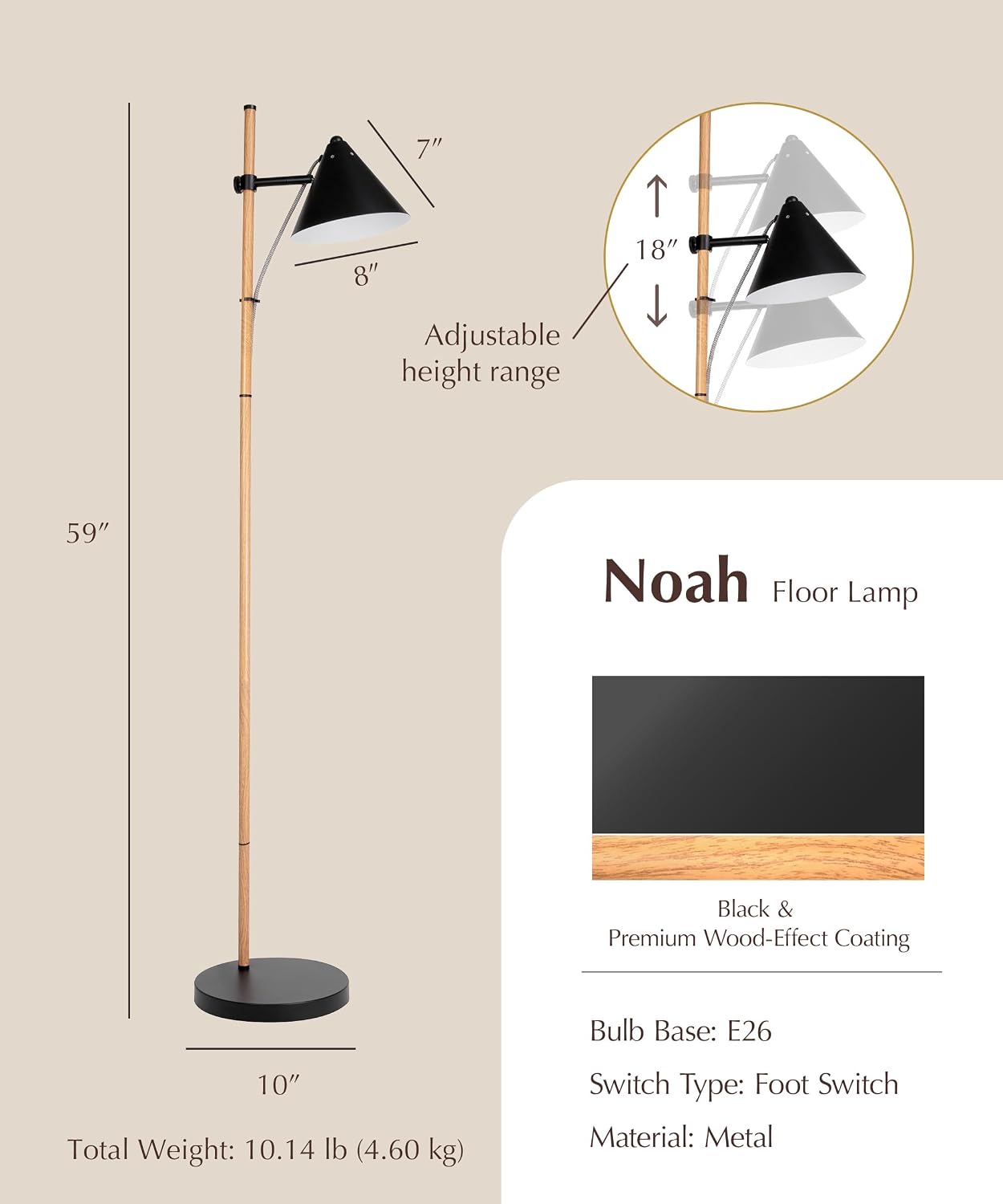 HarvestLand Noah Floor Lamp, Adjustable Reading Lamp for Living Room | 345° adjustable floor lamp,13” height adjustment, solid base, focused reading light. Black Wood Effect+Black