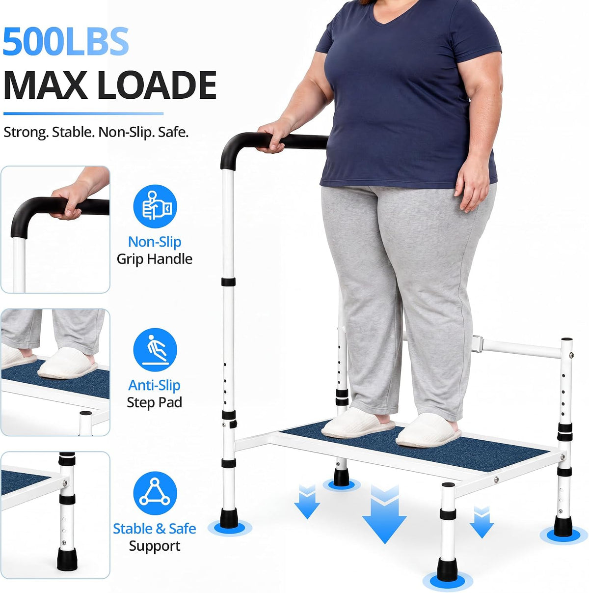 Bed Step Stool for Adults, 5-Level Handrail & 3-LevelStep, 500LBS