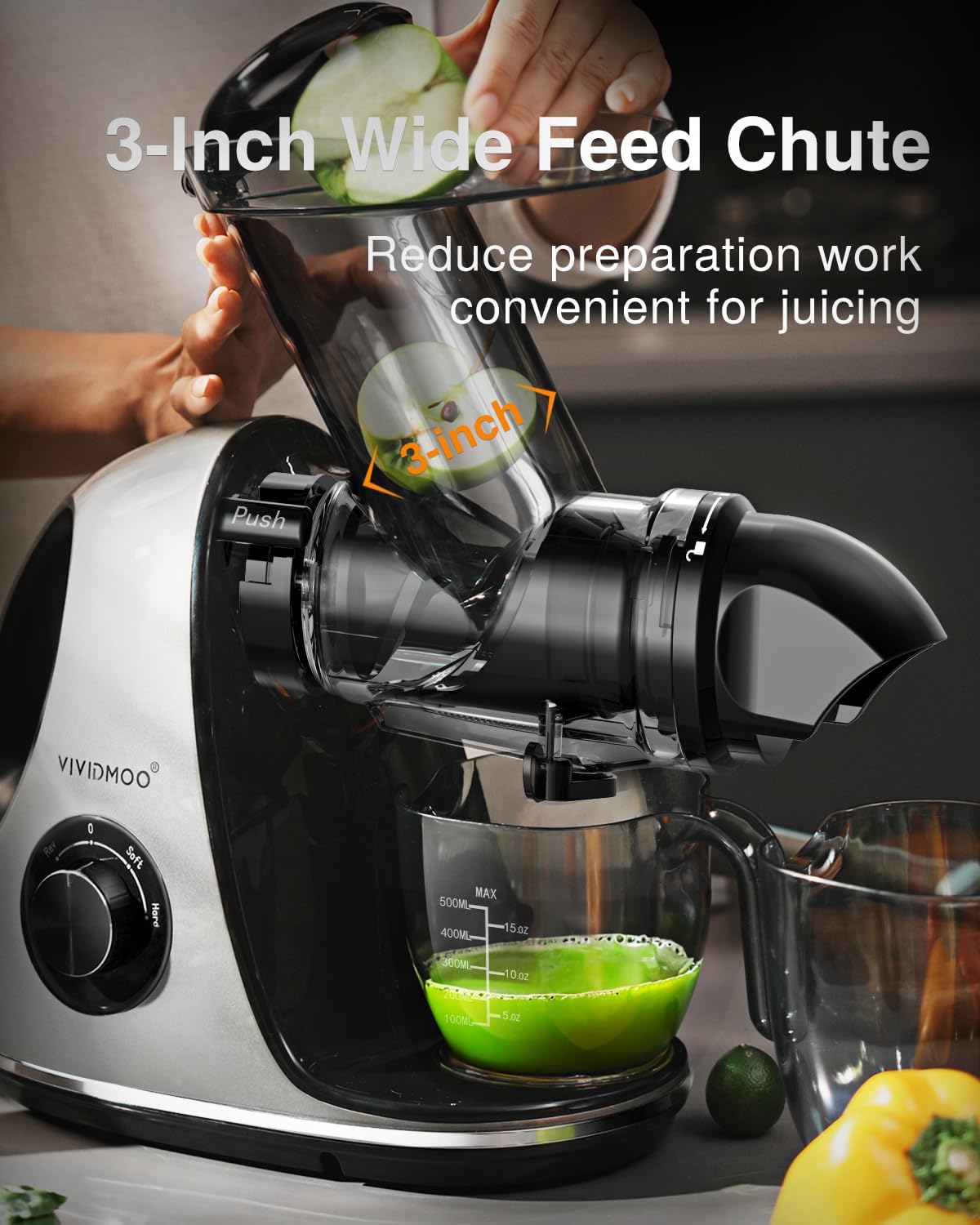 Juicer Machines, Vividmoo Masticating Juicer machines with 3-Inch Wide Chute, 2-Speed Modes & Reverse Function, Powerful Fruit Cold Press Juicer,