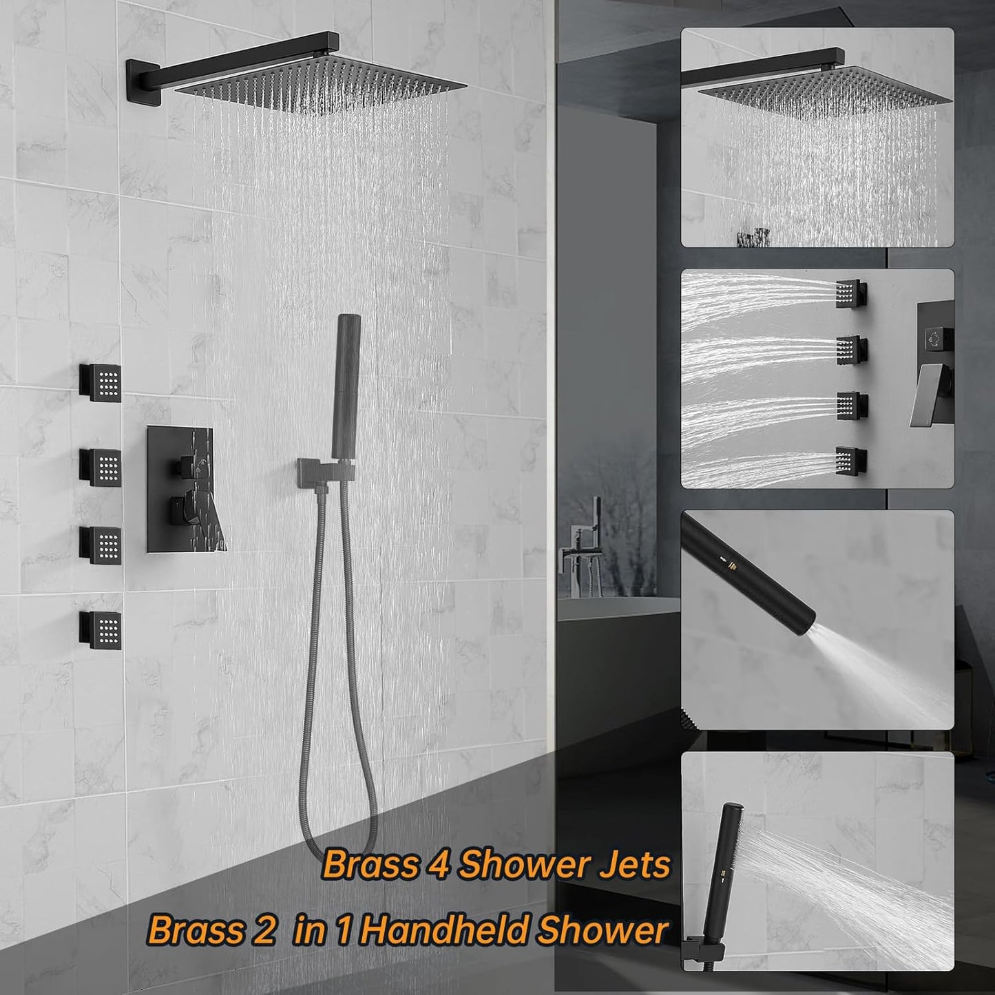 Rainfall Shower Faucet with 4 Full Body Shower Jet Fixture Combo, Shower System Set with 12 Inch Rain Mixer Shower Head and 2 in 1 Handheld Showerhead