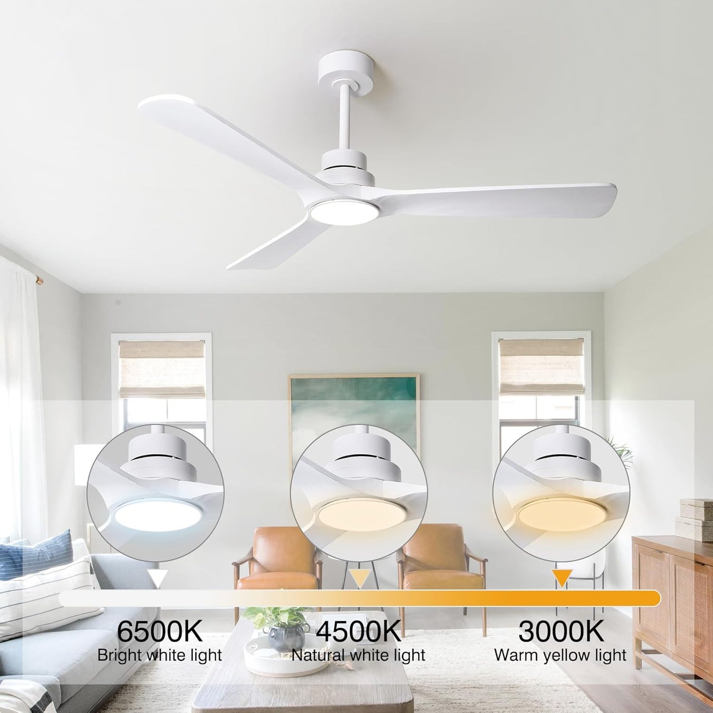 52' Wood Ceiling Fan with Lights and Remote, Reversible DC Motor 6-Speed Ceiling Fan, 3 Blades White Ceiling Fans for Bedroom/Living Room/Kitchen