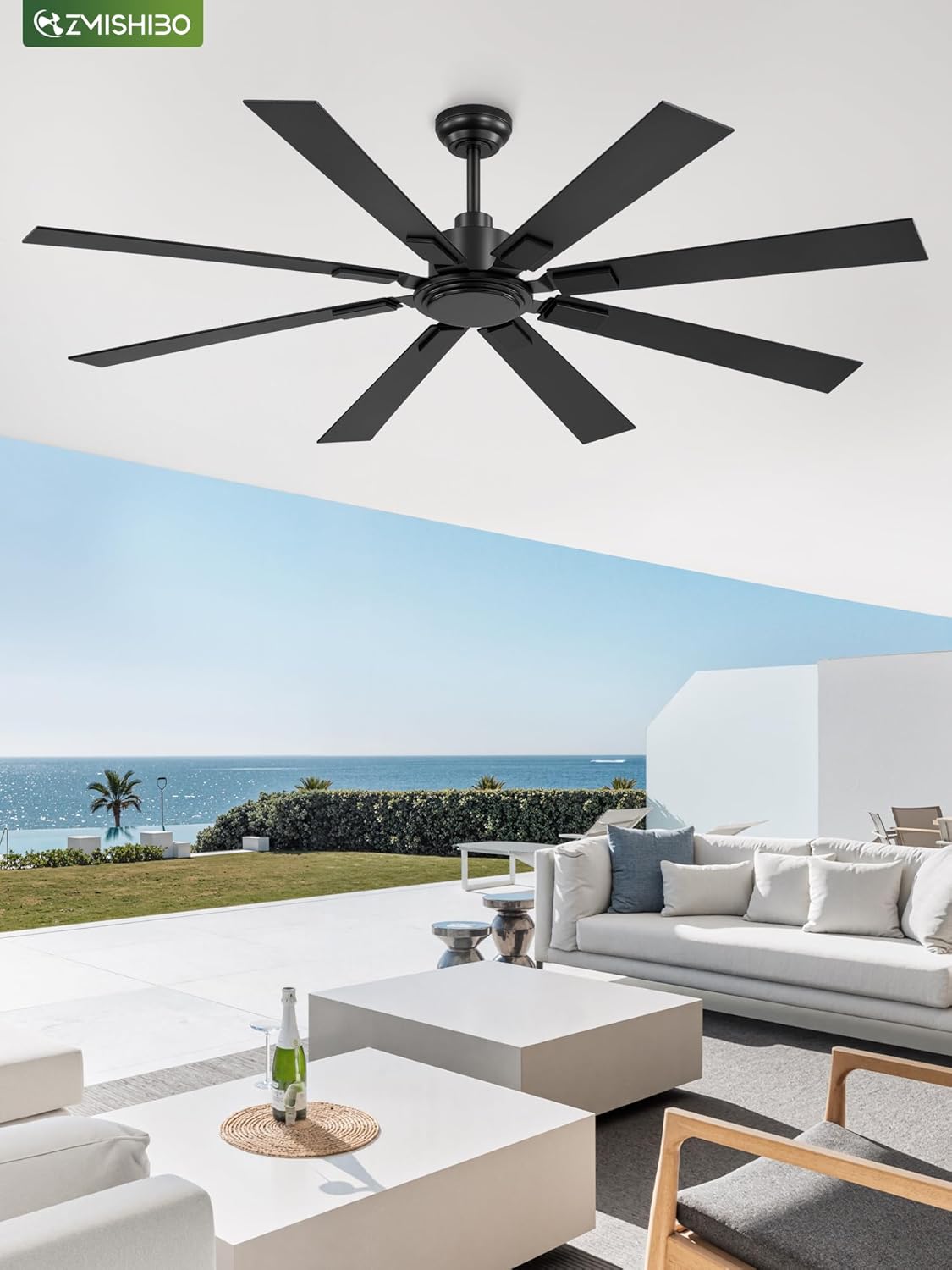 ZMISHIBO 65 Inch Outdoor Ceiling Fans No Light with Remote, Damp-Rated Black Modern Ceiling Fan Without Light, 6-Speed Reversible DC Motor, Humidity-Resistant 8 Blades for Patio Porch Gazebo Garage Black 65 Inch