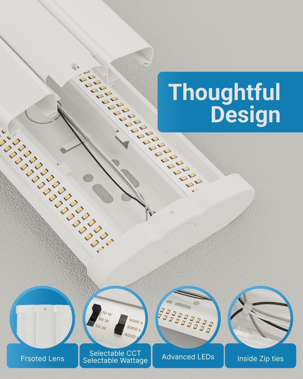 4ft LED Shop Light, Hardwired Garage Lights, Wraparound,  Surface Mount, 50W/60W/70W, 3000K/4000K