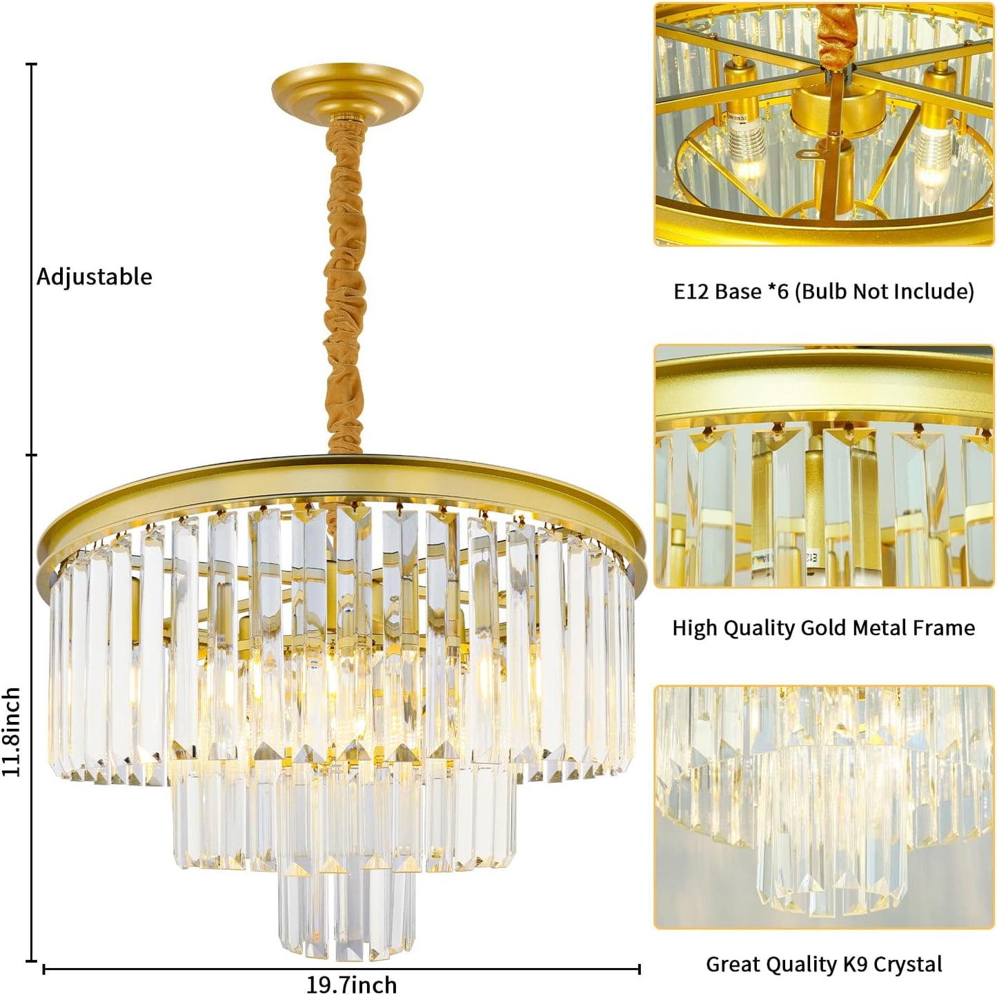 CRYSTOP Gold 3-Tier Round Pendant Light Chandelier Light Fixture for Dining Room, Hallway Semi Flush Mount Ceiling Light Fixture, Modern Living Room