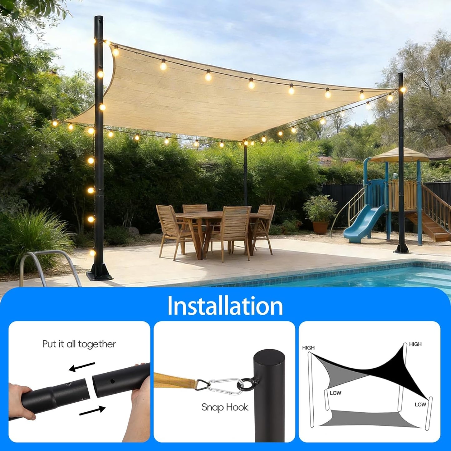 Shade Sail Poles, 11Ft Sun Shade Sail Poles Support Awning Canopy, Outdoor String Light Pole Post Heavy Duty Steel Post Suitable for Garden/Yard/Pool/Patio(Heavy Duty 2.4" Black 1x11Ft Pole)