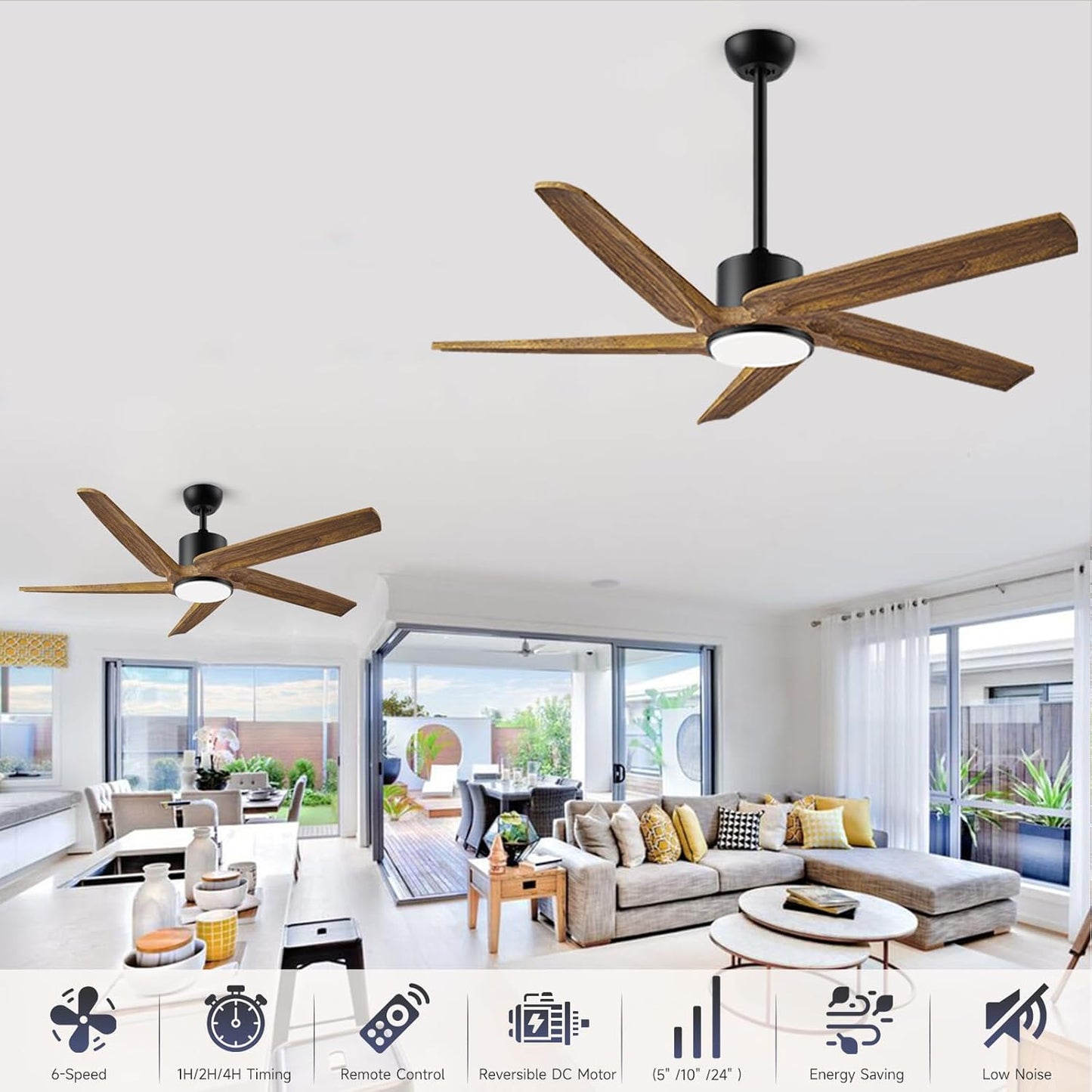 52 Inch DC Ceiling Fans with Lights and Remote, Outdoor Ceiling Fan for Patios Waterproof with Lights and 3 Downrods, High cfm 5 Blades Wood Modern