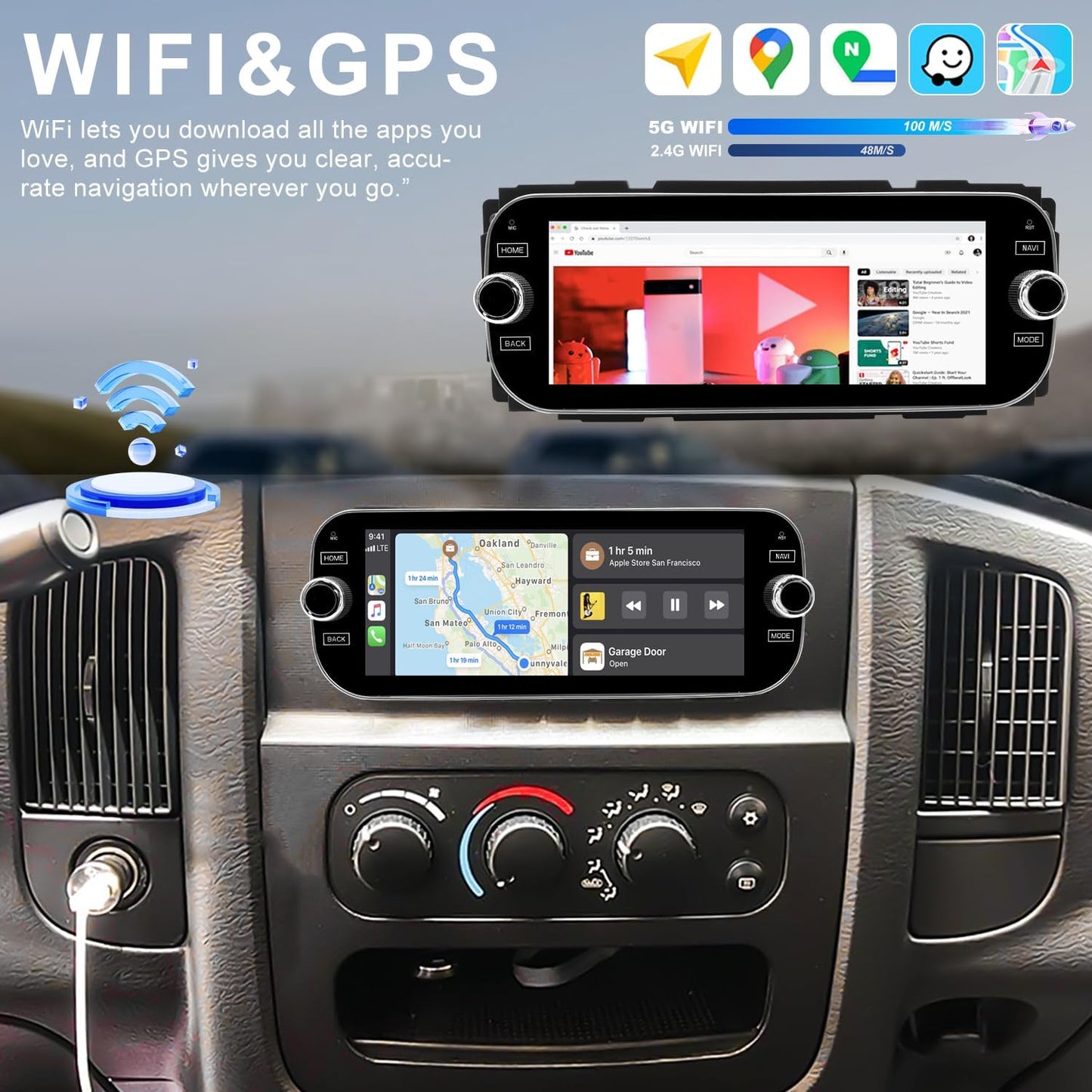 Car Radio for Dodge Ram 1500/2500/3500 2002 2003 2004 2005, Jeep Wrangler 2003 2004 2005 2006, Grand Cherokee 1999-2004, Liberty 2002-2007, Dakota 2001-2004, 6.86'' Stereo Carplay Android Auto GPS FM