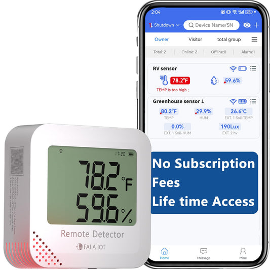 WiFi Temperature & Humidity Sensor, Data Logger, No Subscription | SMS/Email/Sound&Light Alerts, 4 Months Battery Backup, Unlimited Contacts, Idea for RV Pet, Greenhouse, Farm, Server Room