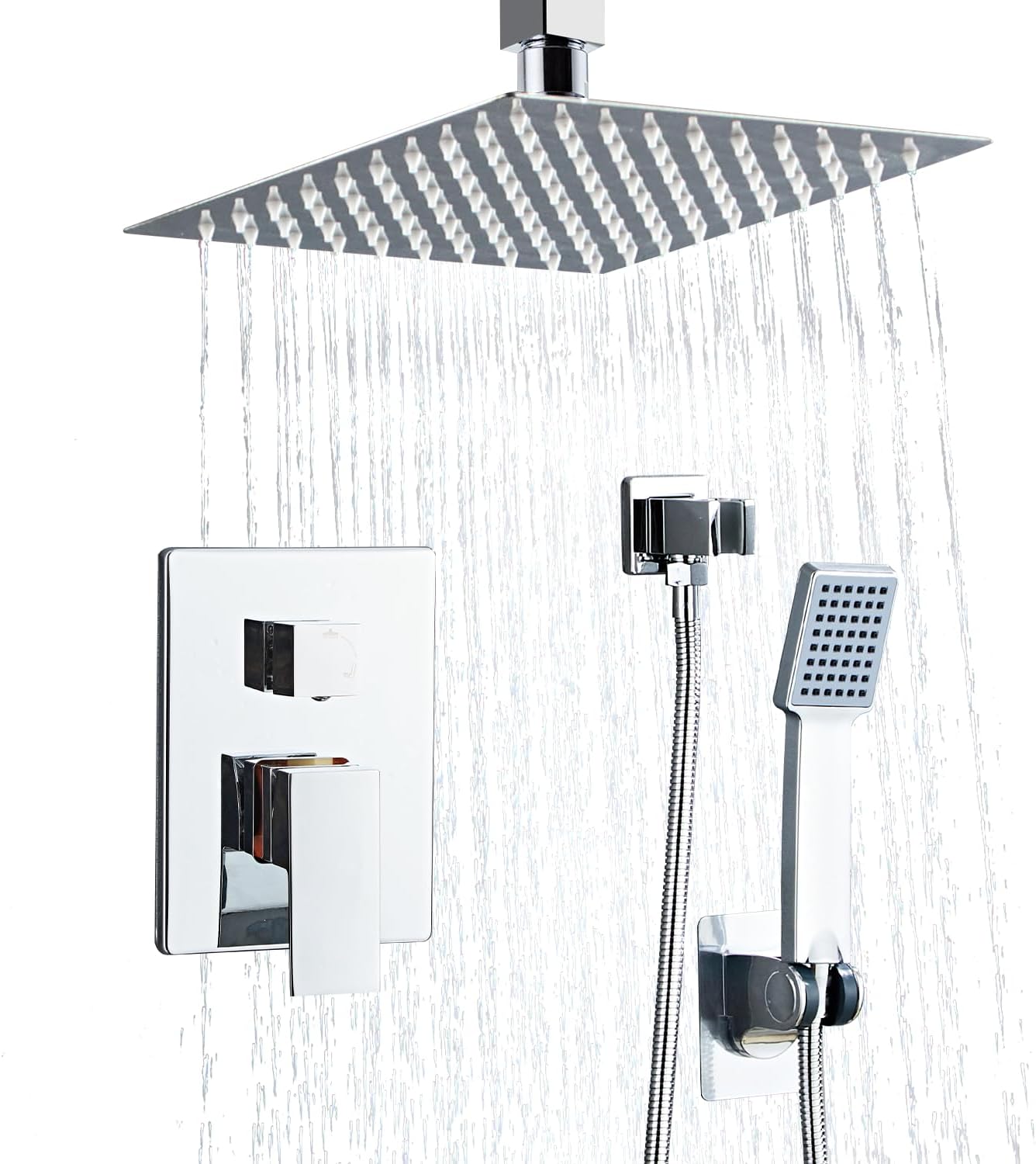 RTOBWEYE Shower Faucet Set Silver Shower System with 8 Inches Rain Shower Head,Ceiling Mount with 3-Setting Handheld Shower Combo System,Stainless