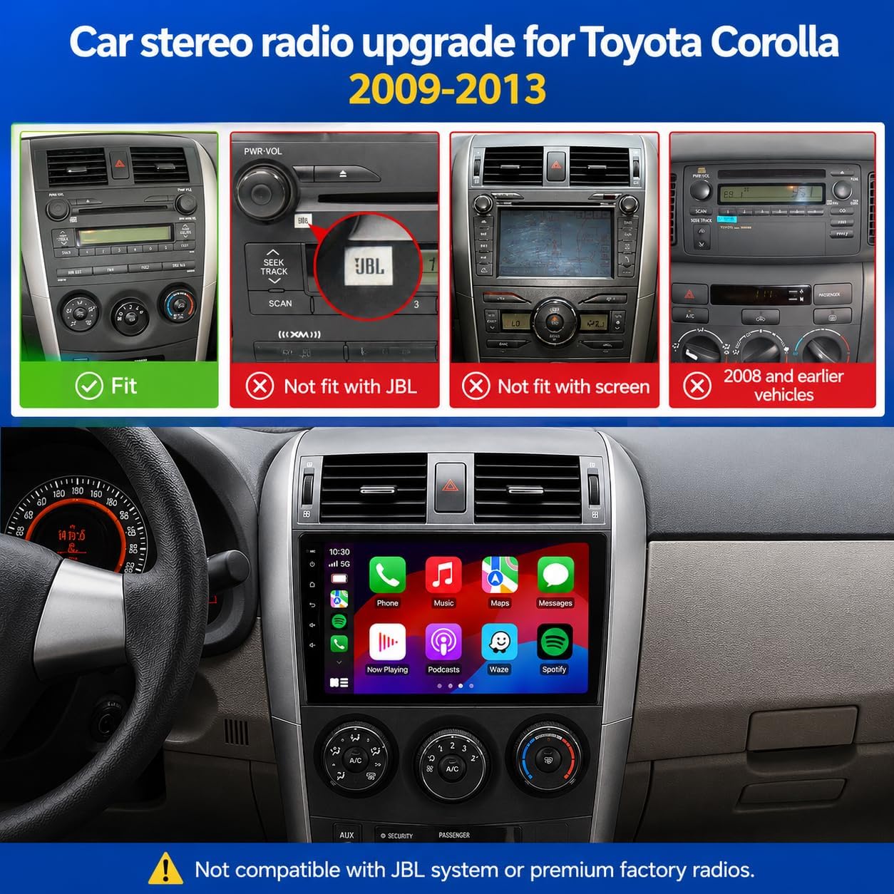 Car Radio Stereo for Toyota Corolla 2009-2013, Wireless CarPlay | 9" IPS Touchscreen Dash Upgrade, Mirror Link, Bluetooth, FM radio, SWC, dual USB, 1080P rear camera