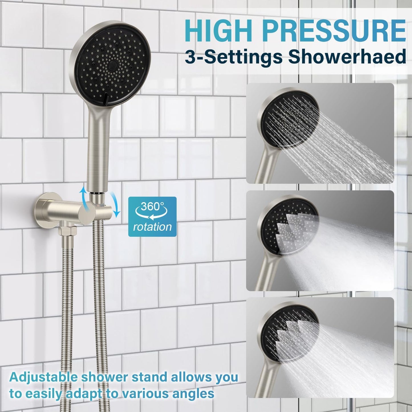 12 Inch Shower Faucet Set, High Pressure Shower Head and Handheld 3 Jet Combo Kit, Bathroom Wall Mount Rain Shower System, Includes Valve and