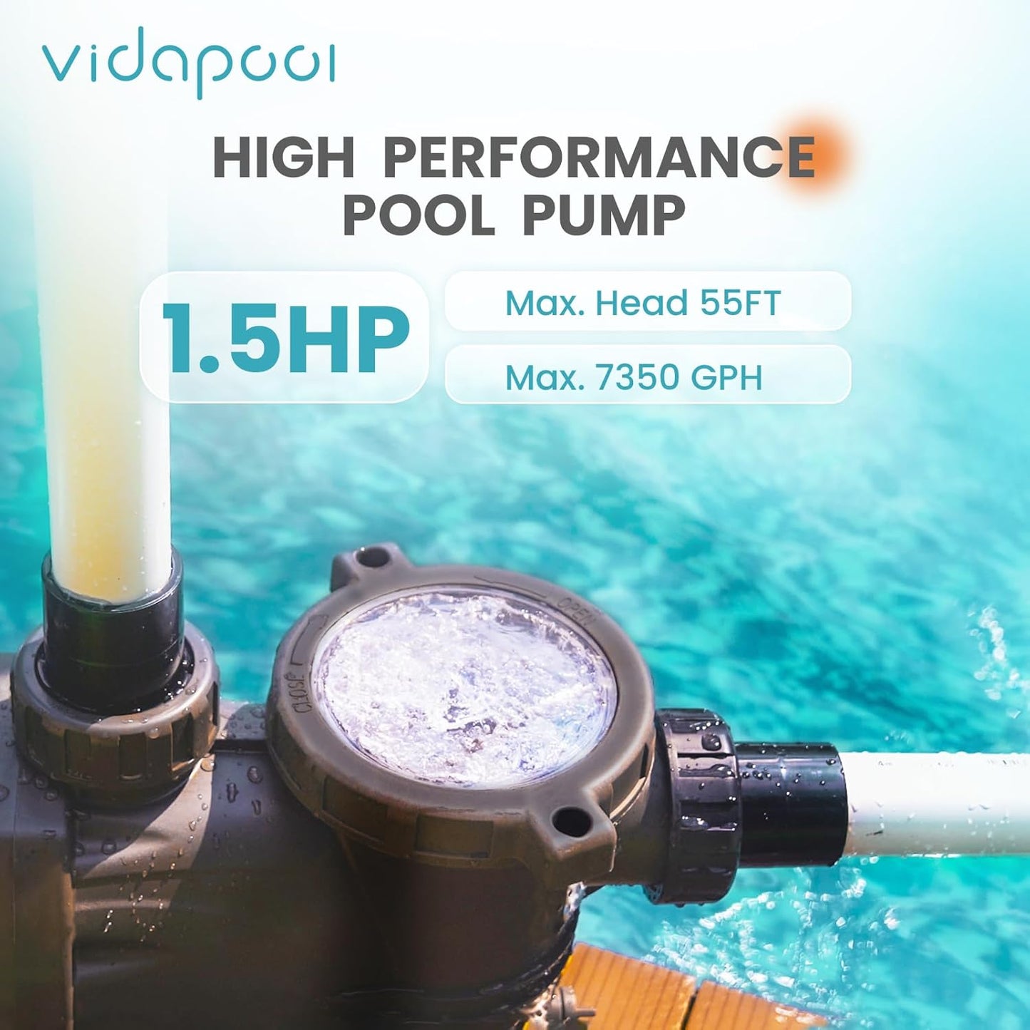 1 HP Pool Pump with timer 5860 GPH, 220V, 2 Adapters, Powerful In/Above Ground Self Priming Swimming Pool Pump with Filter Basket