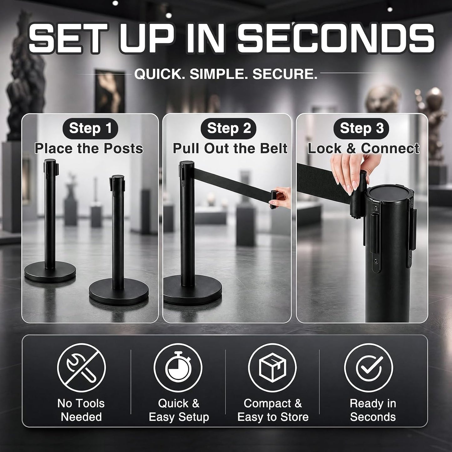 Gisafai 2 Pack 24" Stanchions Black, Low Profile Stanchions Crowd Control | with 10ft Retractable Belts, Stanchions for Theaters, Parties, Car Shows, Museums, Art Galleries, Unobstructed View Display