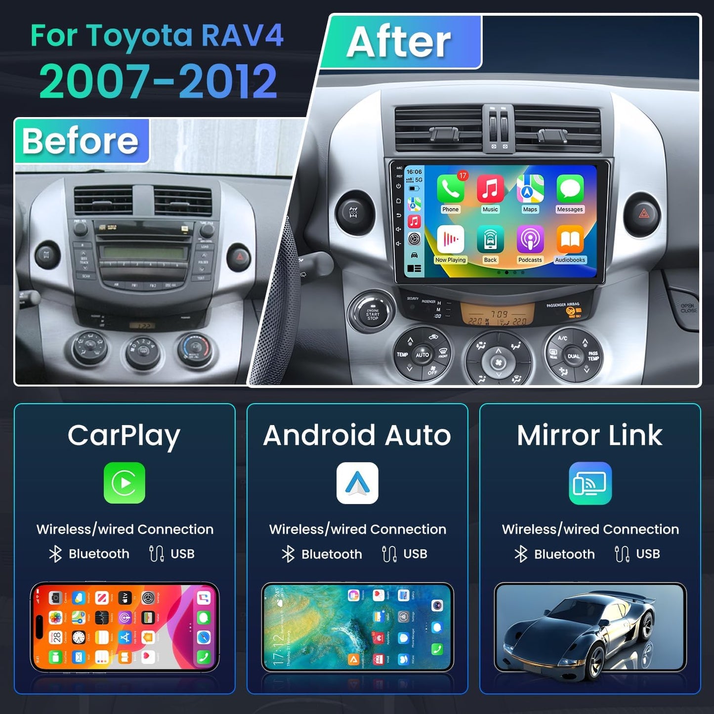 for Toyota RAV4 Radio 2007-2012: 9 Inch 1280 * 800 HD Touch Screen Stereo with Wireless Carplay Android Auto Upgrade 5G WiFi Bluetooth GPS SWC FM SWC Backup Camera
