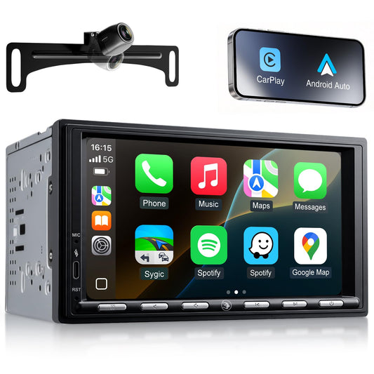 7" 2+32G Android Double Din Car Radio Stereo with Physical Button, CarPlay/Android Auto, 48B EQ&DSP, 4.1-Channel, Outputs 240W, SWC/Bluetooth/AM/FM/1080P Backup Camera
