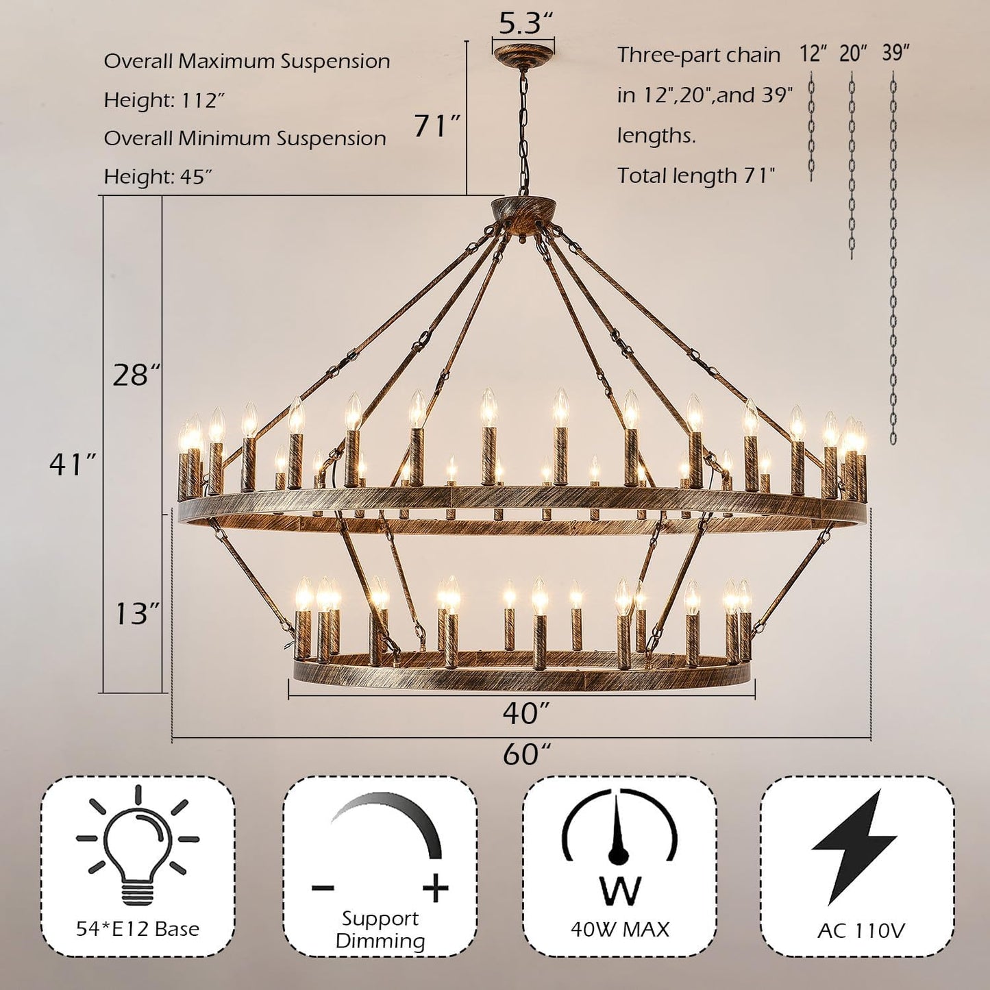 60 inch Extra Large Wagon Wheel Chandelier 2 Tier Patina Color, 54-Light Bronze Farmhouse Wagon Wheel Chandeliers Ind