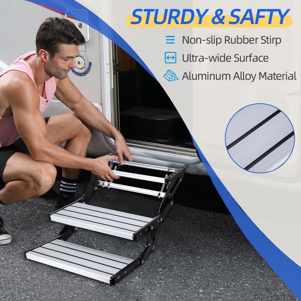 RV Camper Steps: Double Drop Down Step Tool Camper Collapsible Heavy Duty Safety Platform Easy to Install- Ideal for Tr