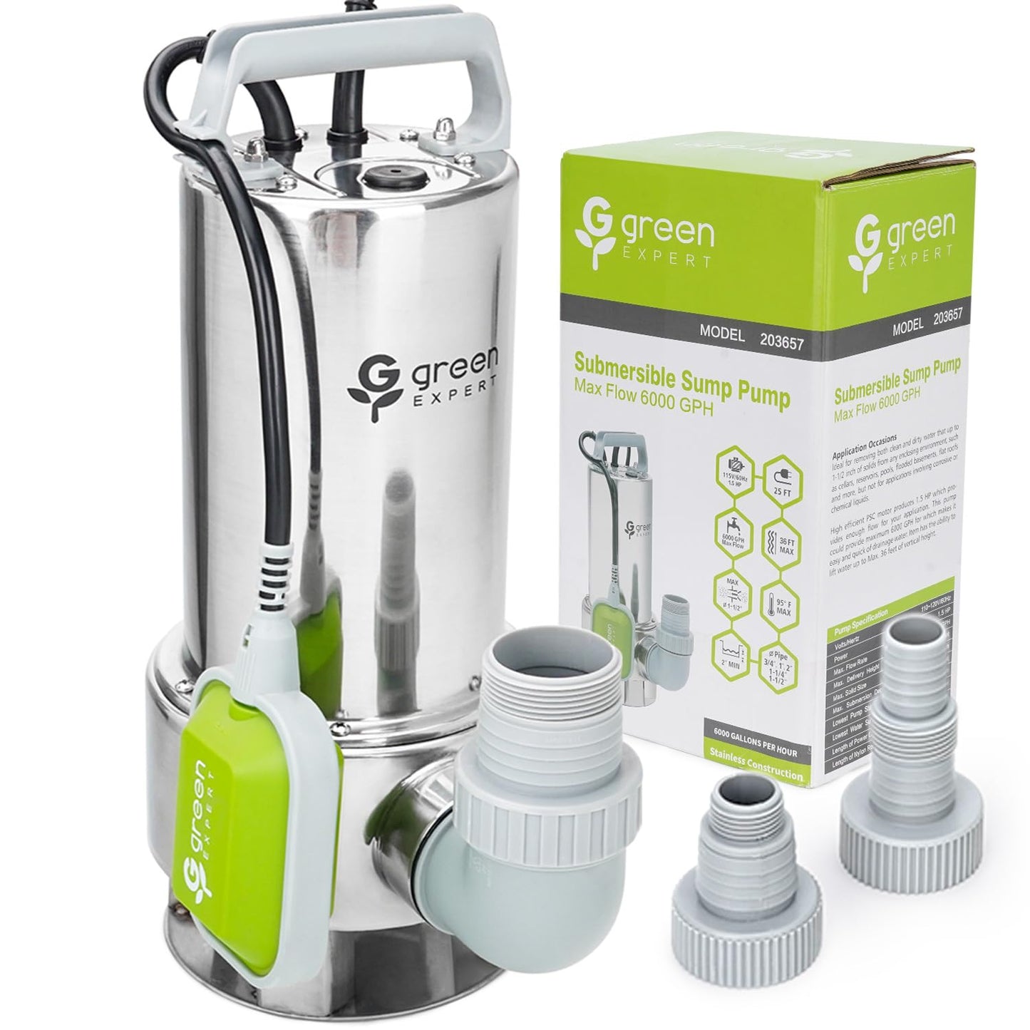Green Expert 1.5HP Submersible Sump Pump, 6000 GPH High Flow Water Removal Pump with Tethered Float Switch, 304 Stainless Steel Pump for Flooded Basement, Dirty Water, Sewage Pit & Pool Drainage