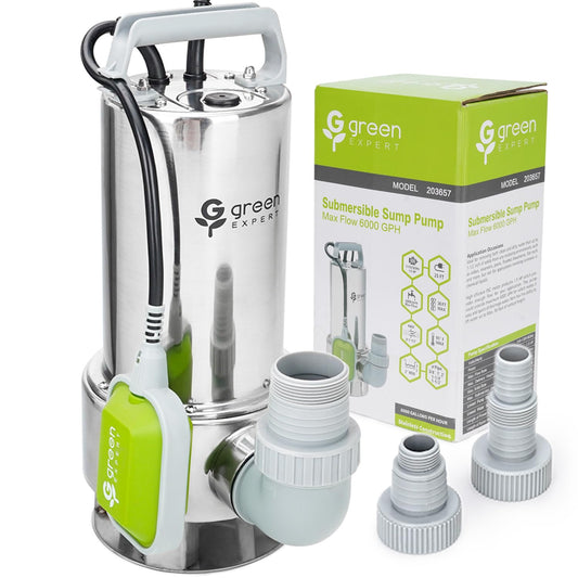 Green Expert 1.5HP Submersible Sump Pump, 6000 GPH High Flow Water Removal Pump with Tethered Float Switch, 304 Stainless Steel Pump for Flooded Basement, Dirty Water, Sewage Pit & Pool Drainage