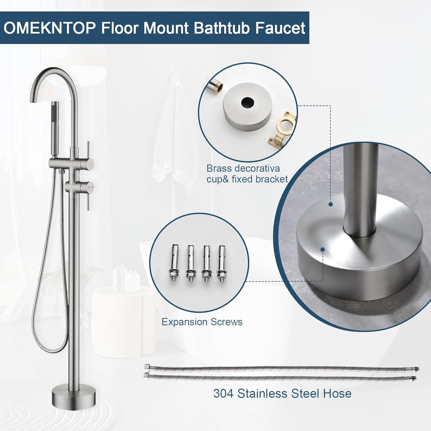 Freestanding Brush Nickel Brass Bathtub Filler with Handheld Shower