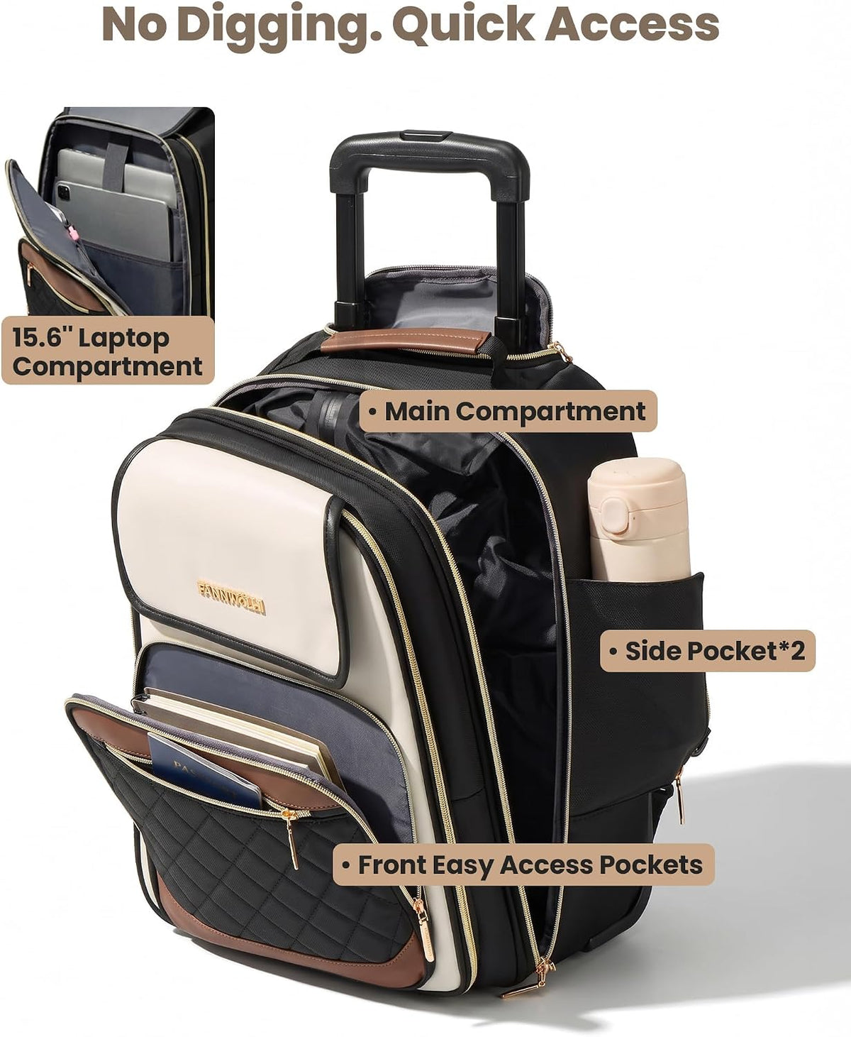 Underseat Rolling Backpack with Wheels, Black Backpack by Fanwoli